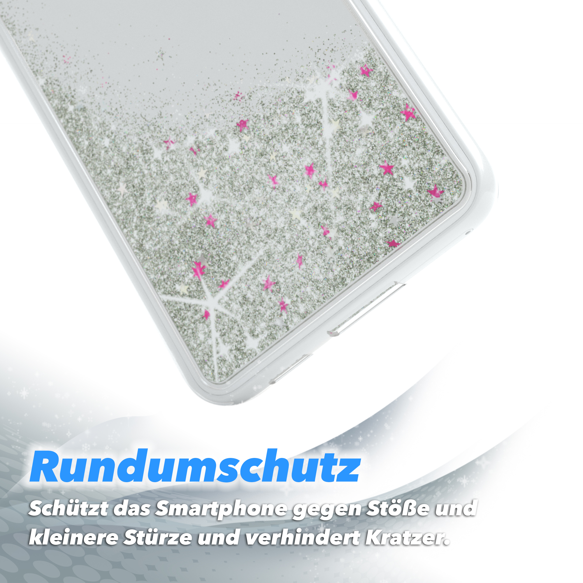 Nahaufnahme einer Handyhülle mit Glitzer. Pinke Sterne, weißer Hintergrund und blauer Schutzrand.