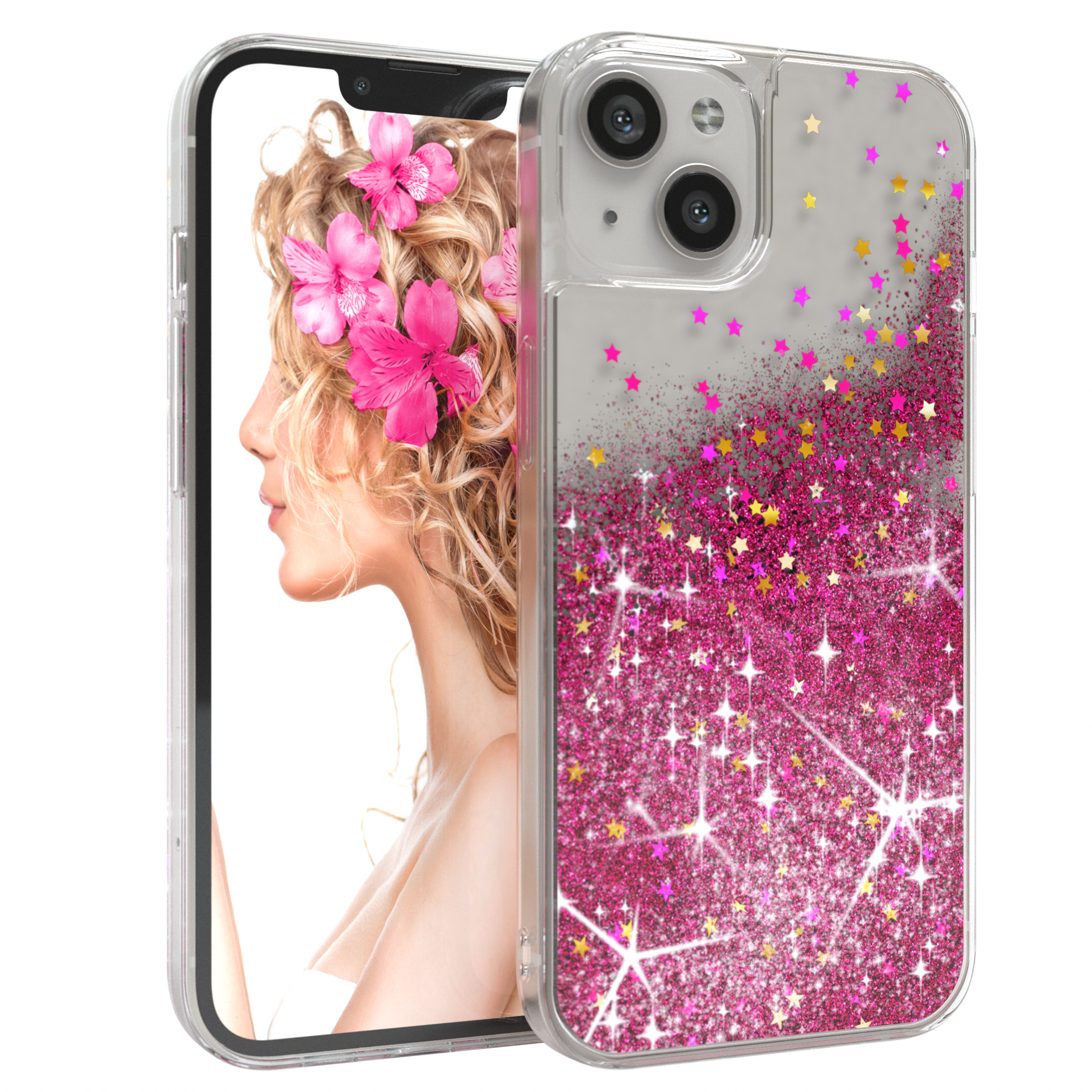 Handyhülle mit rosa Glitzer und Sternen. Eine Frau mit rosa Blumen im Haar auf dem Bildschirm.
