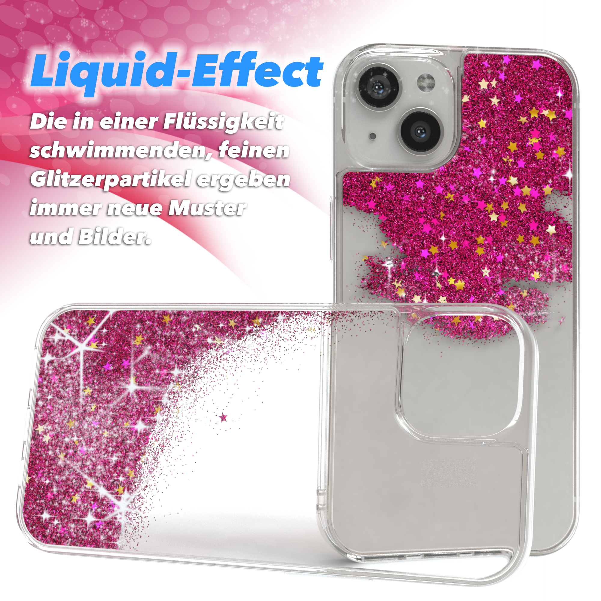 Glitzer-Handyhülle mit Flüssigkeitseffekt. Pinke Glitzersterne. Transparente Hülle.