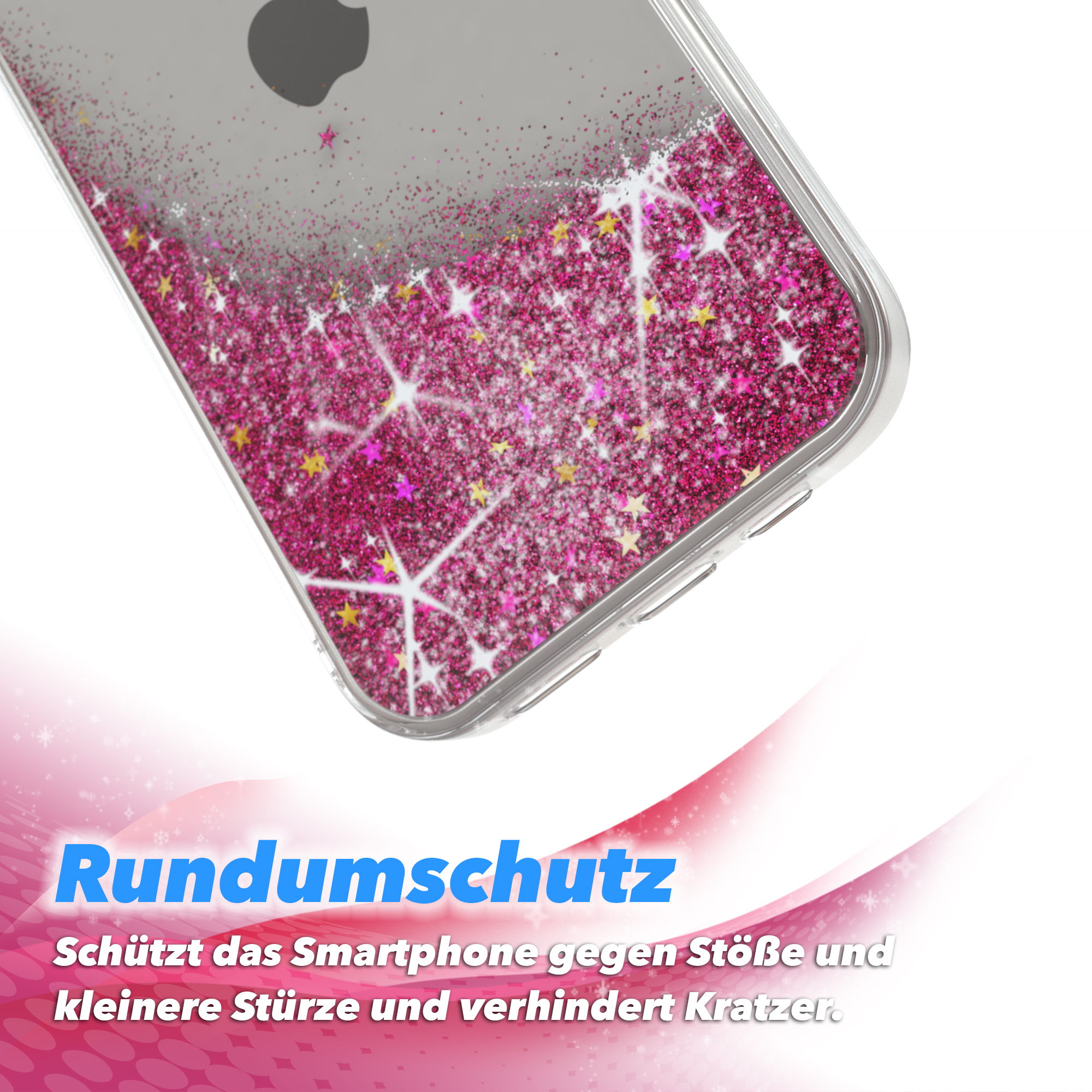 Nahaufnahme einer transparenten Handyhülle mit Glitzer, schützt das Telefon.