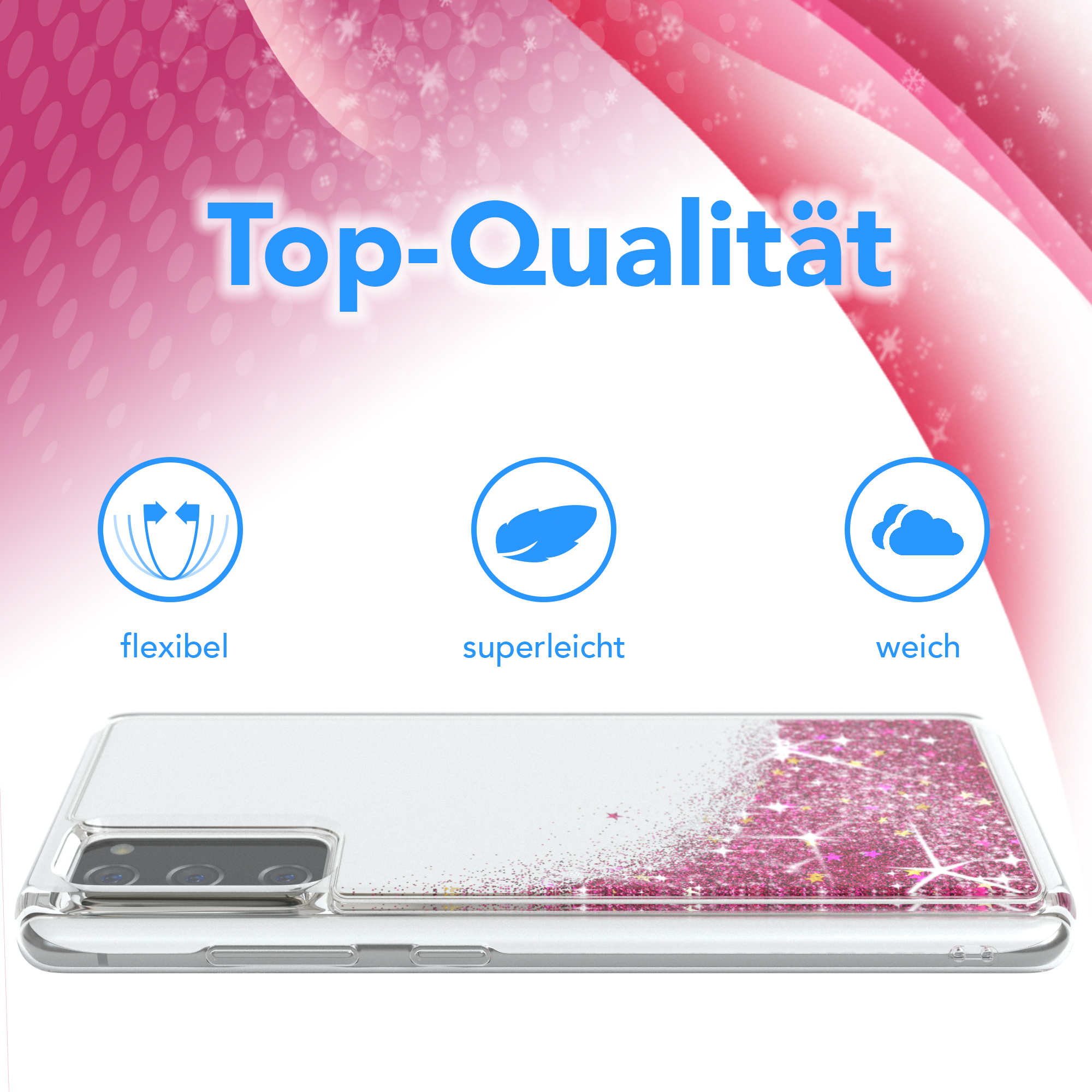 Transparente Handyhülle mit rosa Glitzer und dem Schriftzug 'Top-Qualität'.