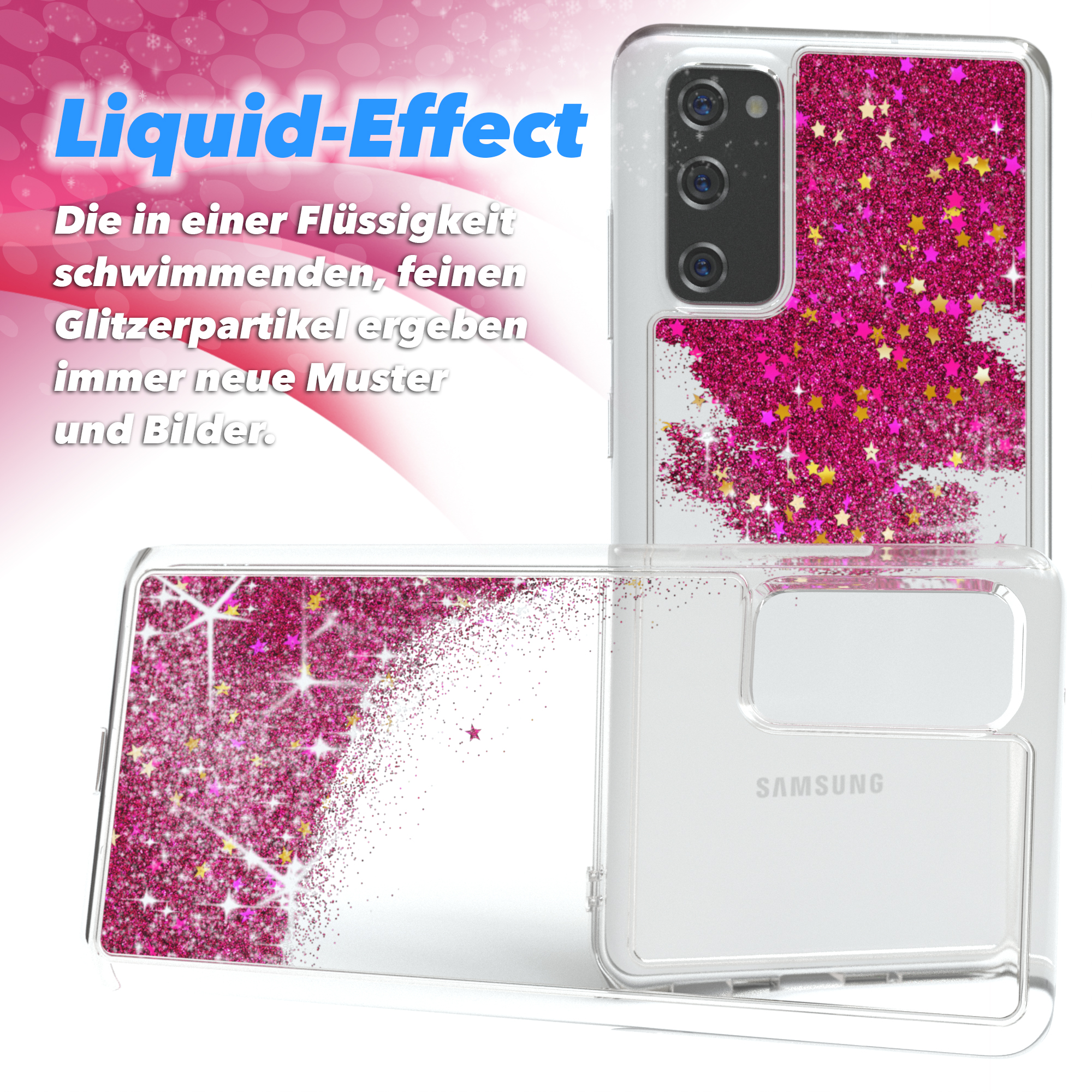 Transparente Handyhülle mit rosa Glitzer. Handyhülle hat einen Flüssigkeitseffekt, weißen Hintergrund und rosa Sterne.