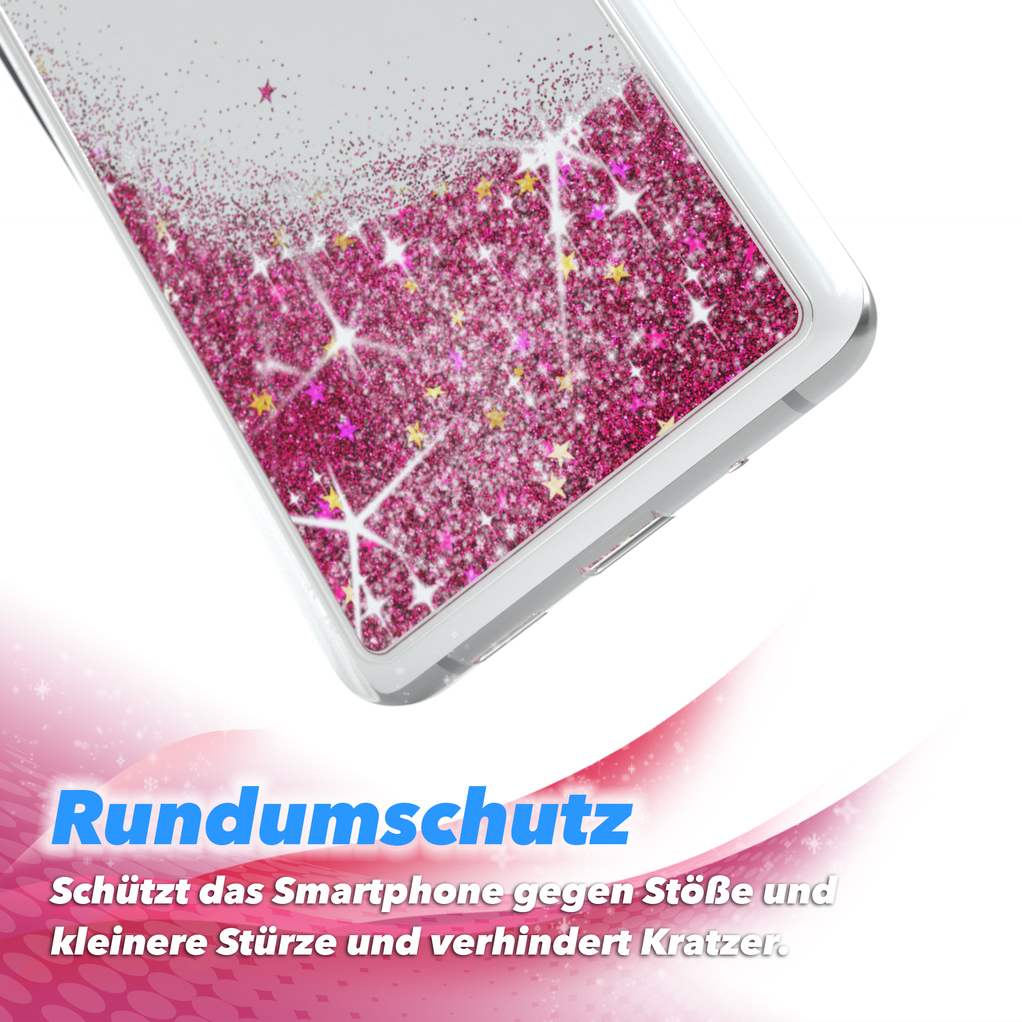 Eine Handyhülle mit rosa Glitzer und dem Text 'Rundumschutz' vor rosa und weißem Hintergrund.