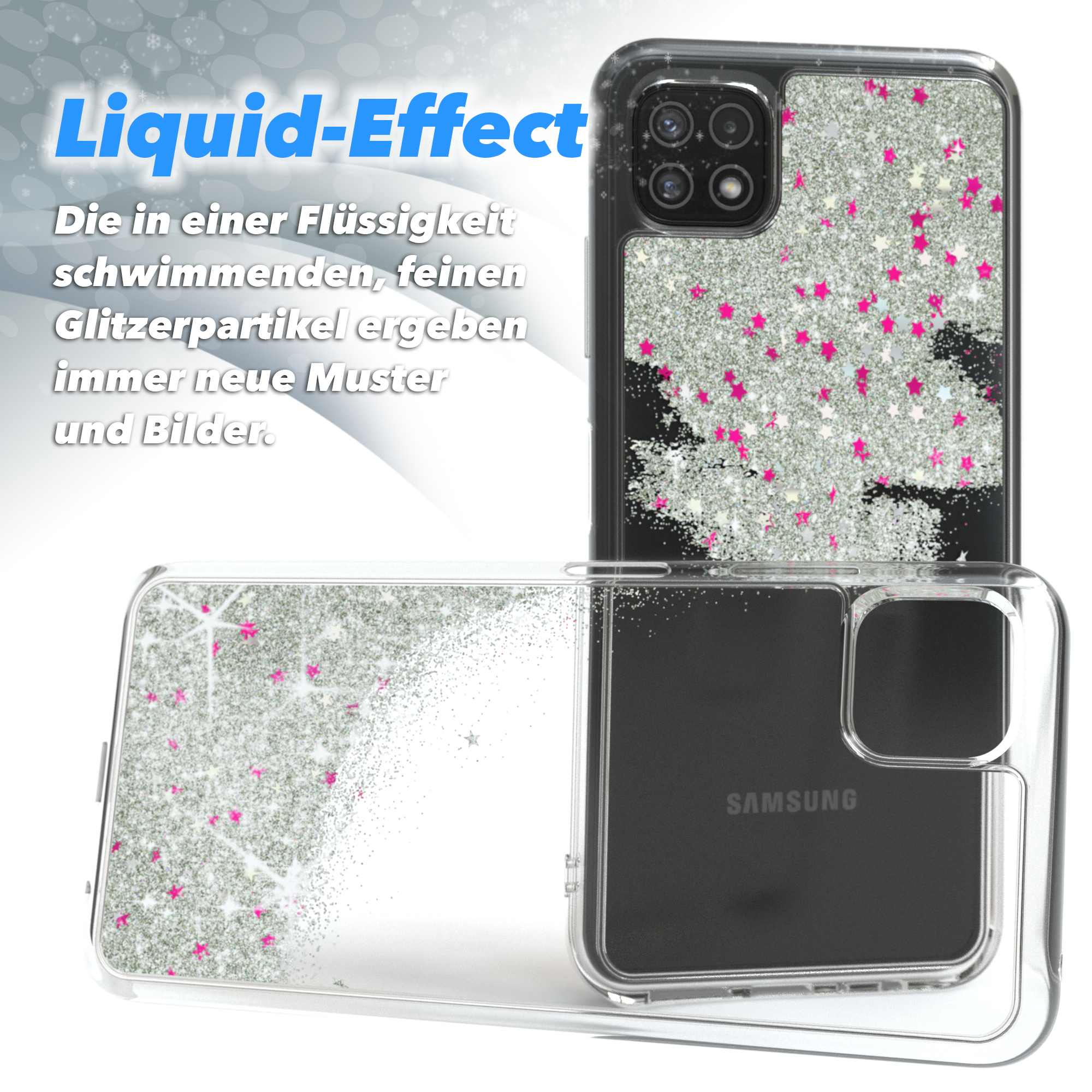 Eine Handyhülle mit Flüssigkeitseffekt, einschließlich Glitzer und rosa Sternen, mit einem Samsung-Telefon darin.