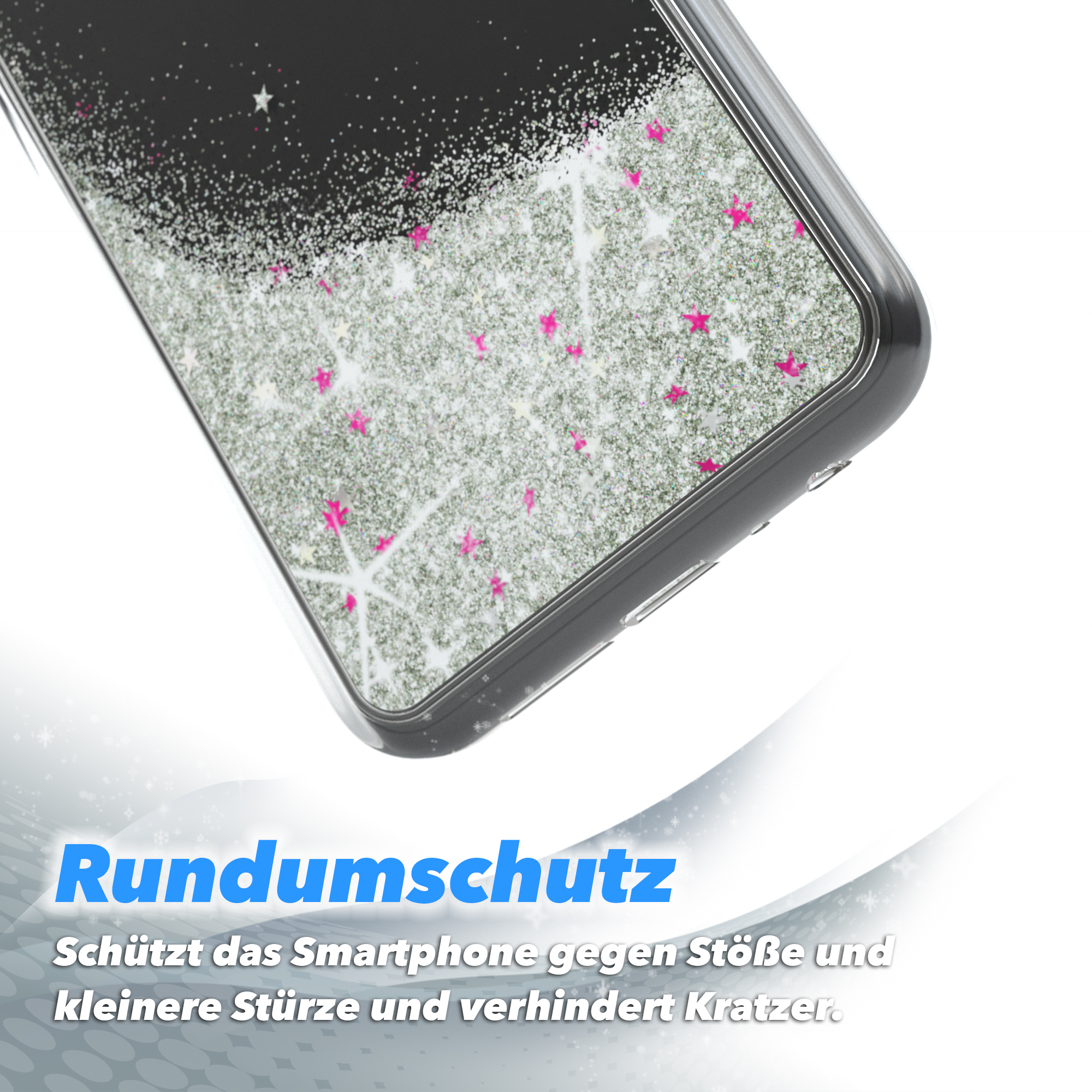 Handyhülle mit Glitzer und Sternen, schützt vor Stößen.