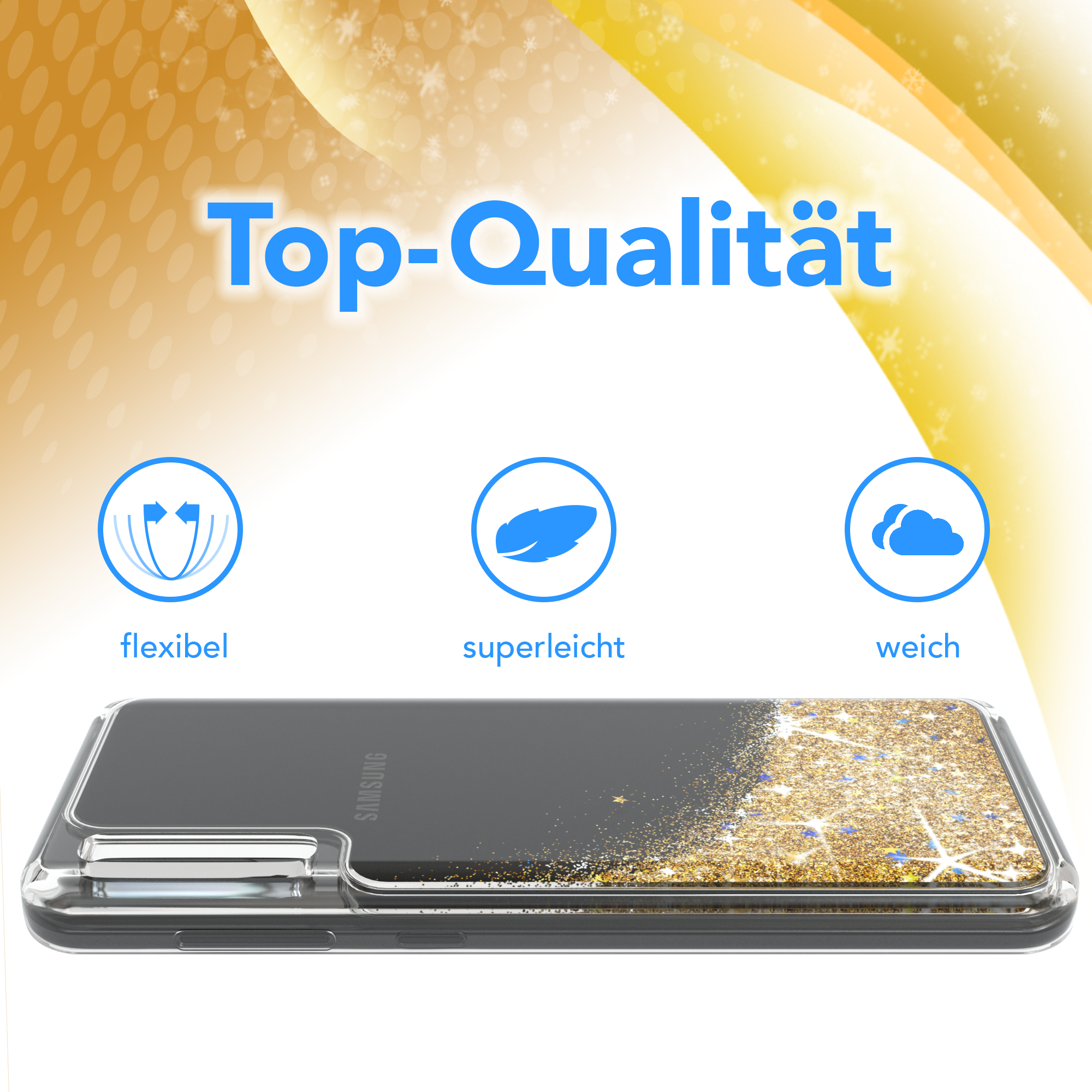 Ein Telefon in einer durchsichtigen Hülle mit Goldglitzer, Text 'Top-Qualität' und Icons für flexibel, leicht und weich.