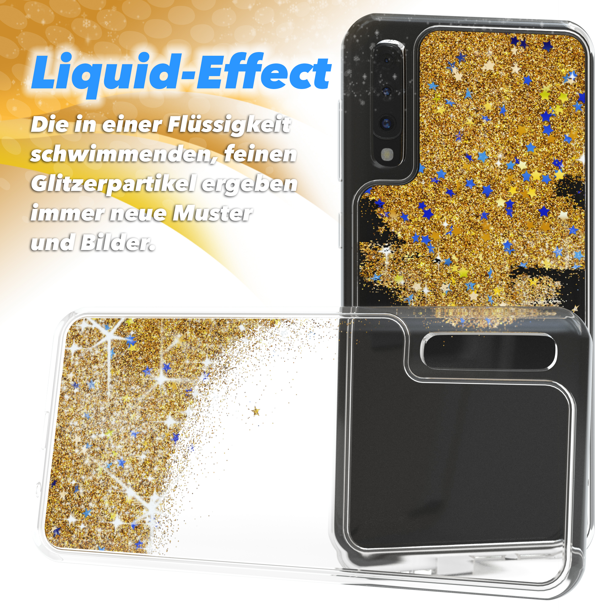 Eine Handyhülle mit Flüssigkeitseffekt, goldenem Glitzer und Sternen. Das Telefon ist schwarz.