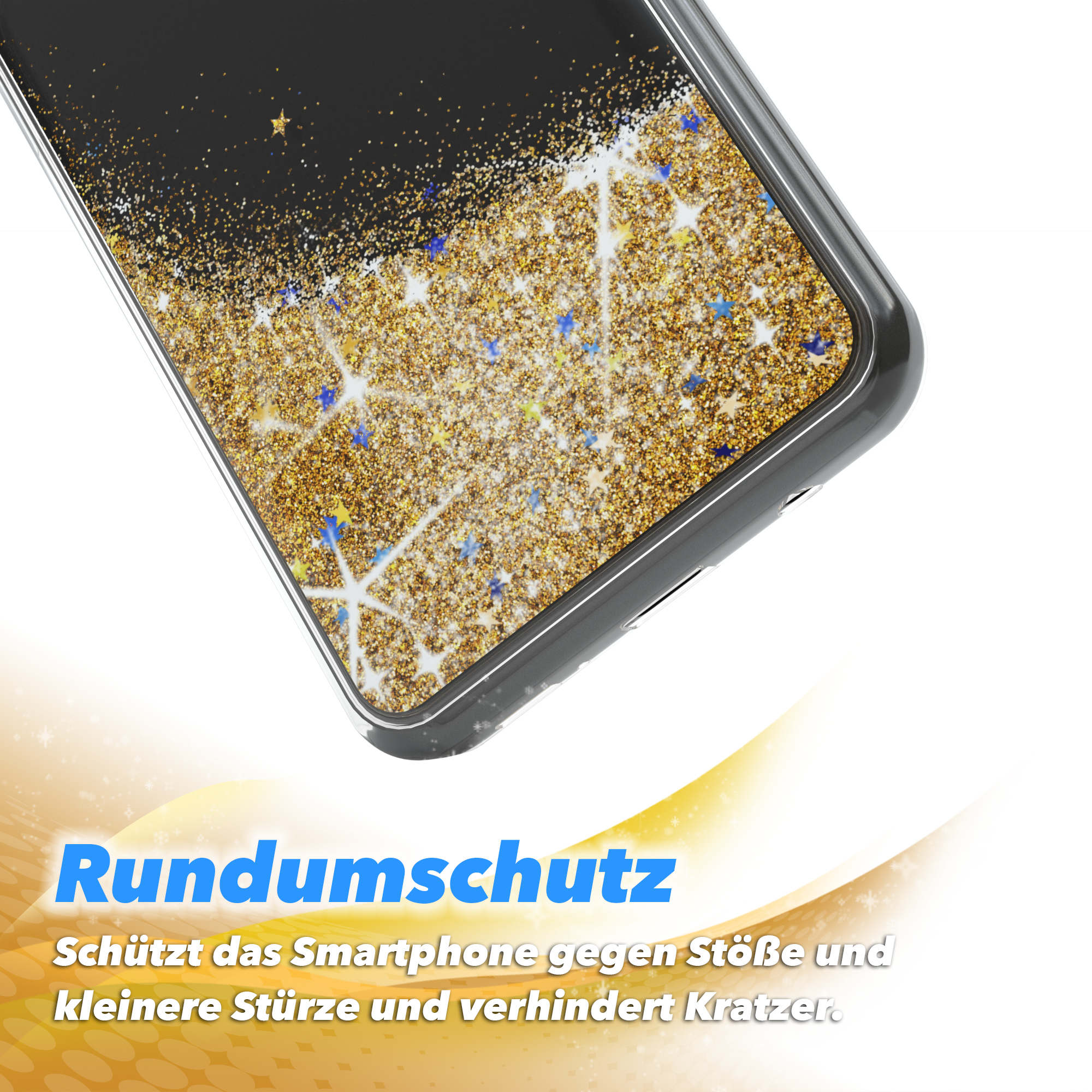 Eine Handyhülle mit goldenem Glitzer, schützt vor Stößen und Kratzern.