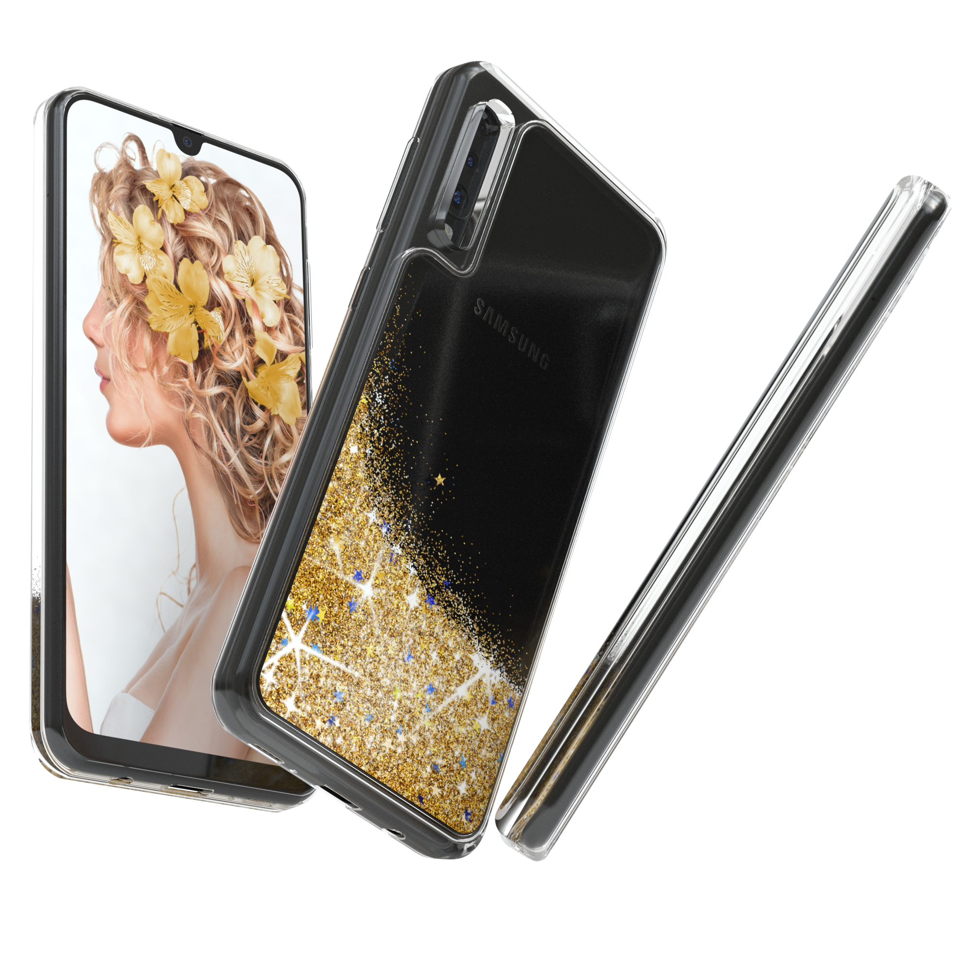 Transparente Handyhülle mit Goldglitzer, Blondinenbild.