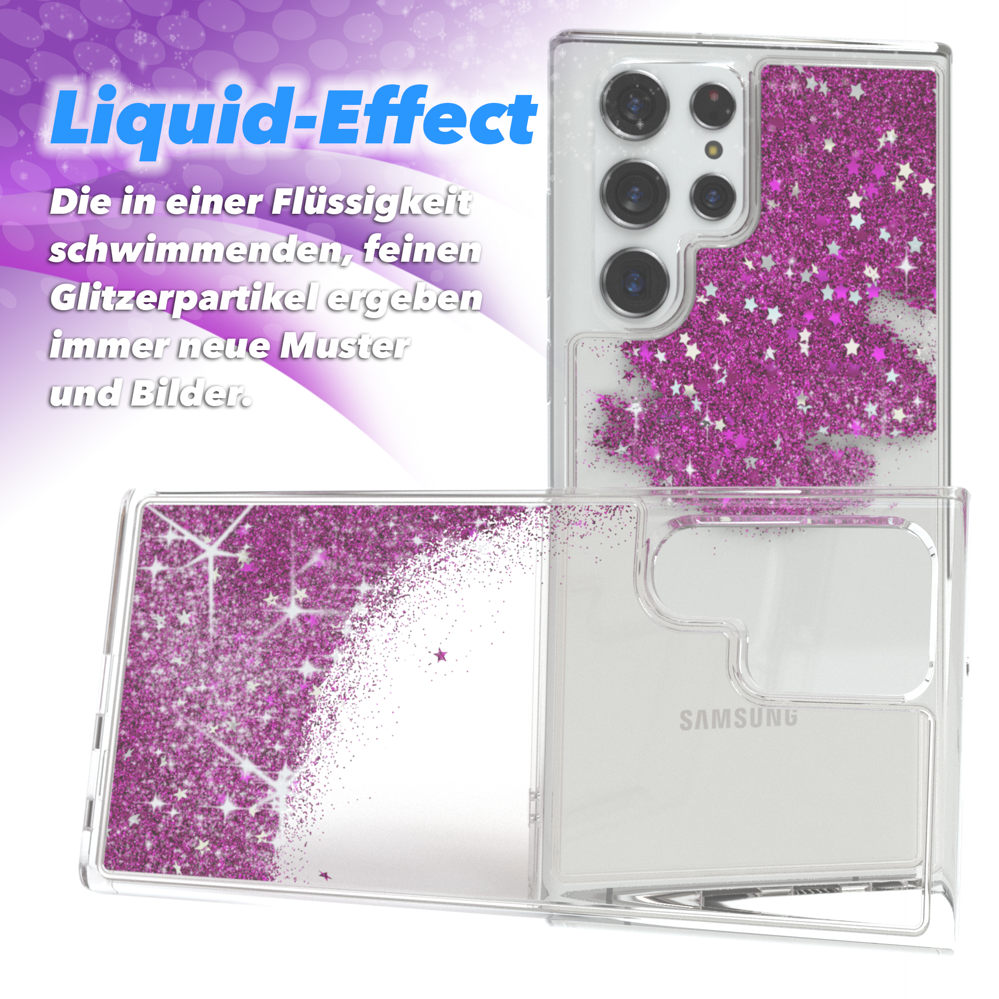 Zwei Telefone in Hüllen mit pinkfarbenem Glitzer. Der Text besagt, dass die Glitzerpartikel neue Muster in der Flüssigkeit erzeugen.