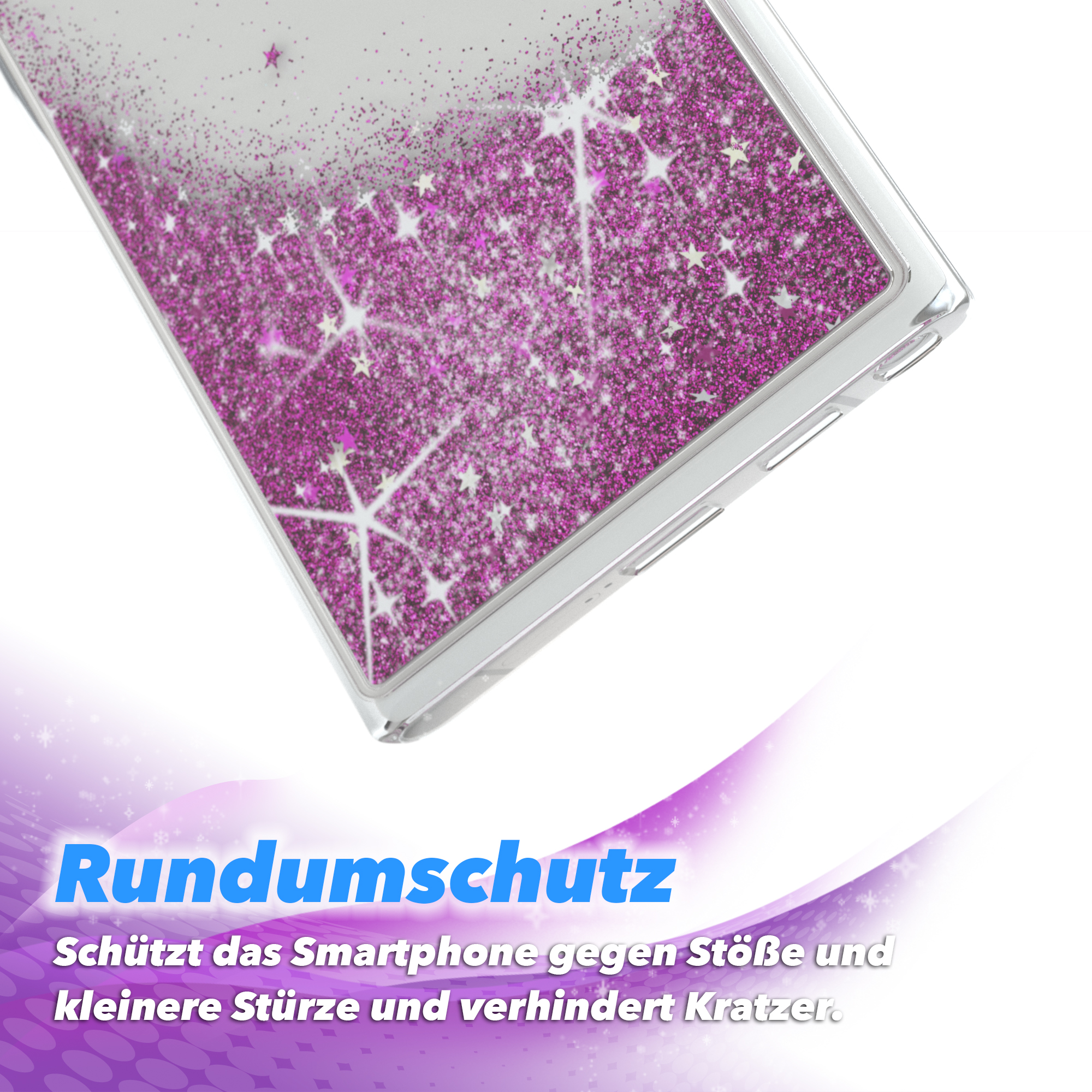 Nahaufnahme einer Handyhülle mit pinkem Glitzer. Text: Rundumschutz, schützt vor Stößen.