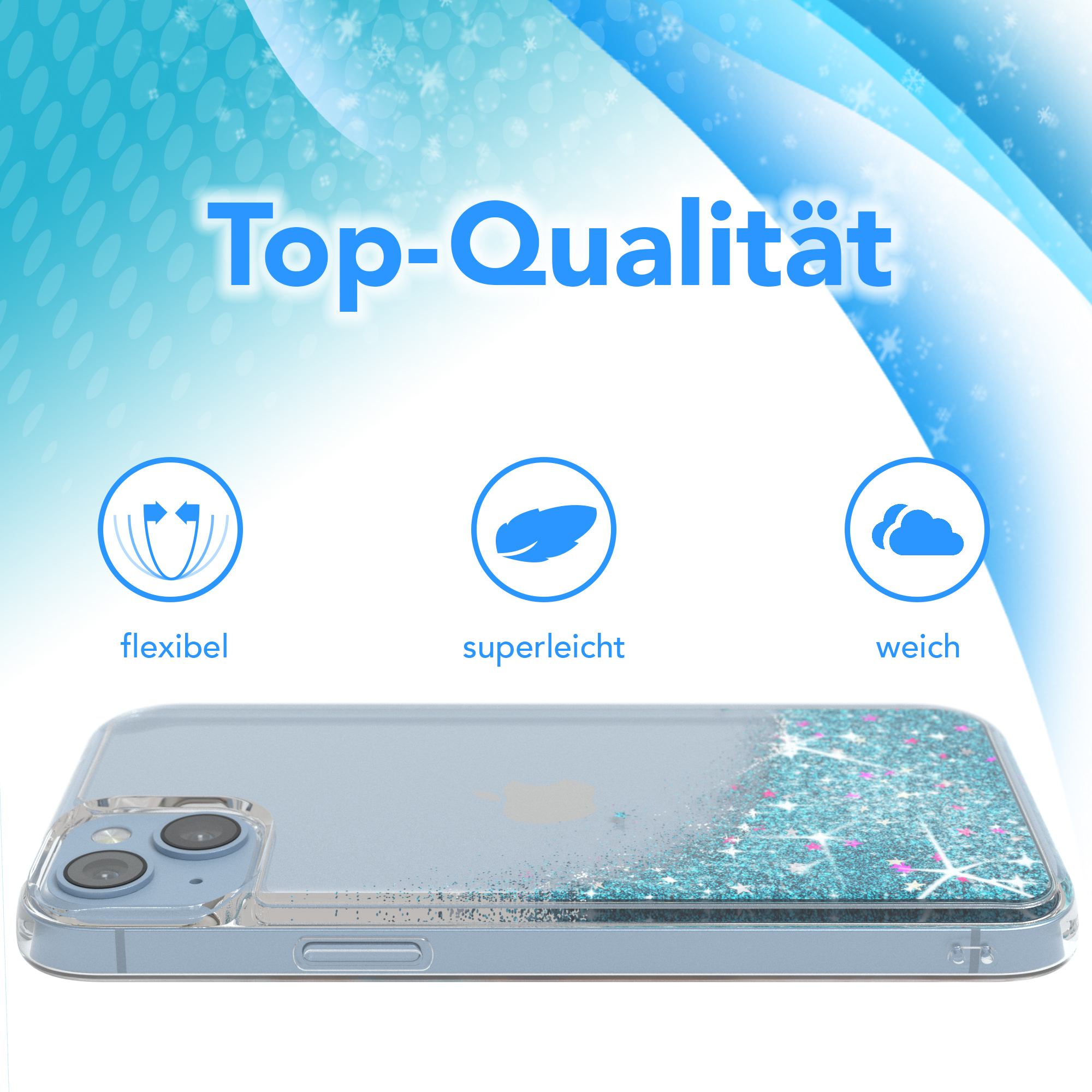 Eine Handyhülle mit Glitzerdesign und hellblauem Hintergrund. Der Text weist auf Flexibilität, Leichtigkeit und Weichheit hin.