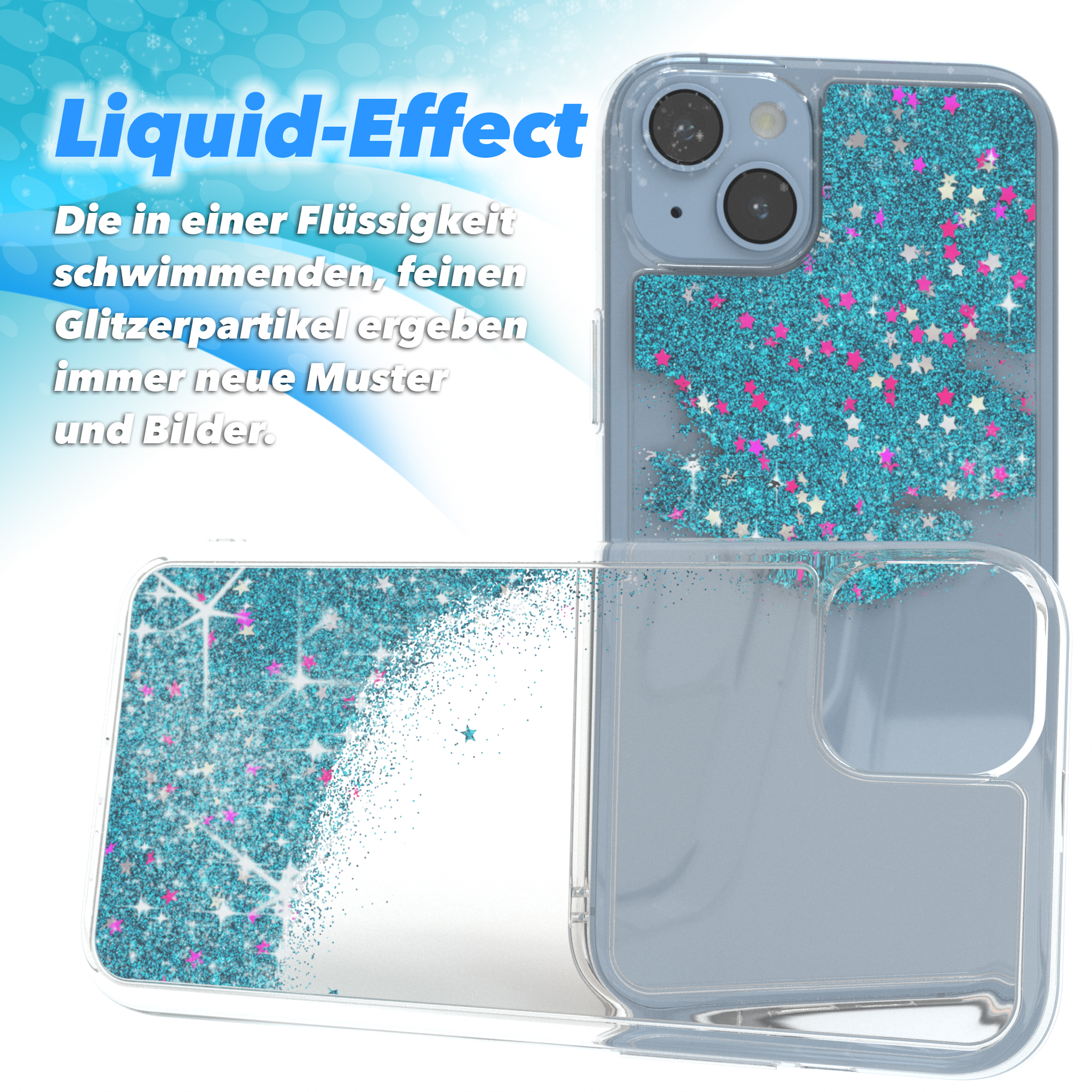 Eine Handyhülle mit Flüssigkeitseffekt-Glitzer-Design, mit einem Telefon darin.