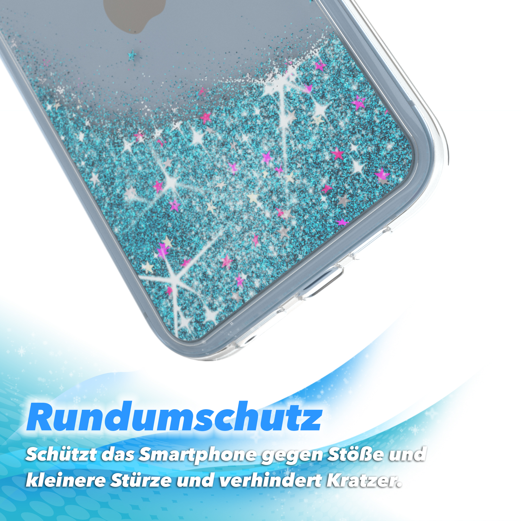 Handyhülle mit blauem Glitzer, im Flüssigkeitseffekt.