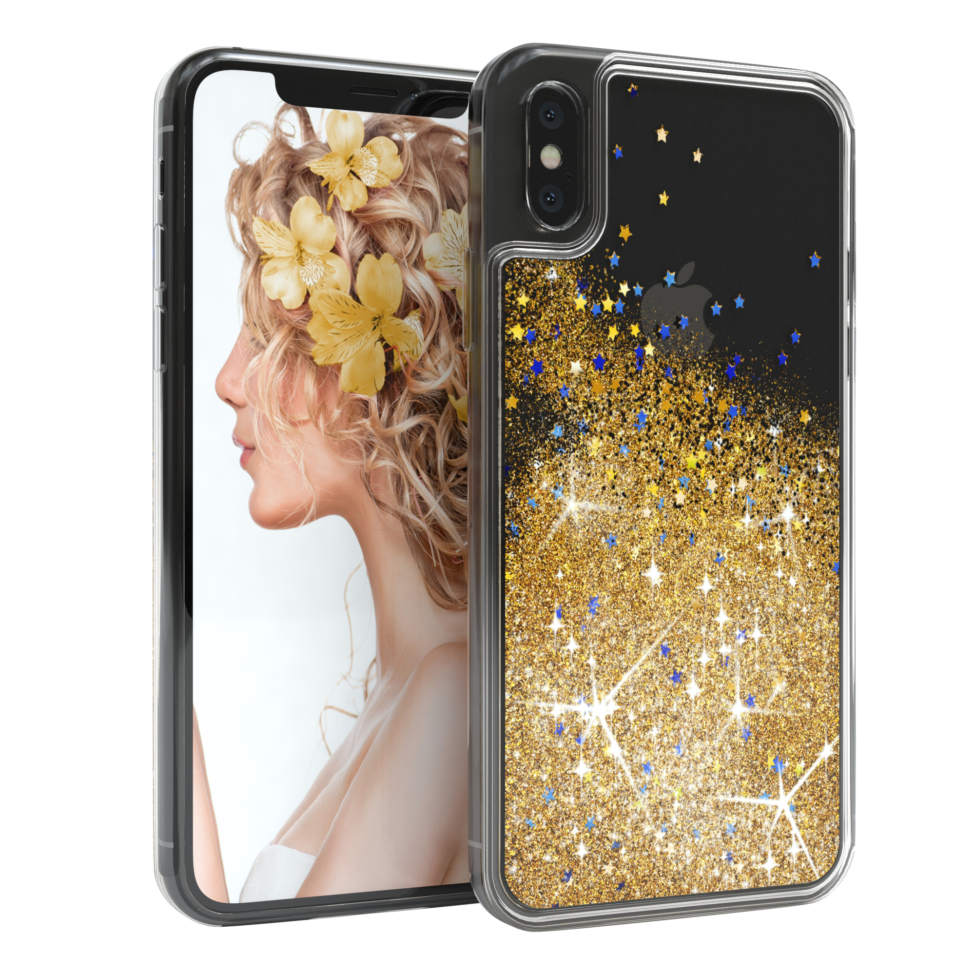 Transparente Handyhülle mit Glitzer und Frau mit gelben Blumen im Haar.
