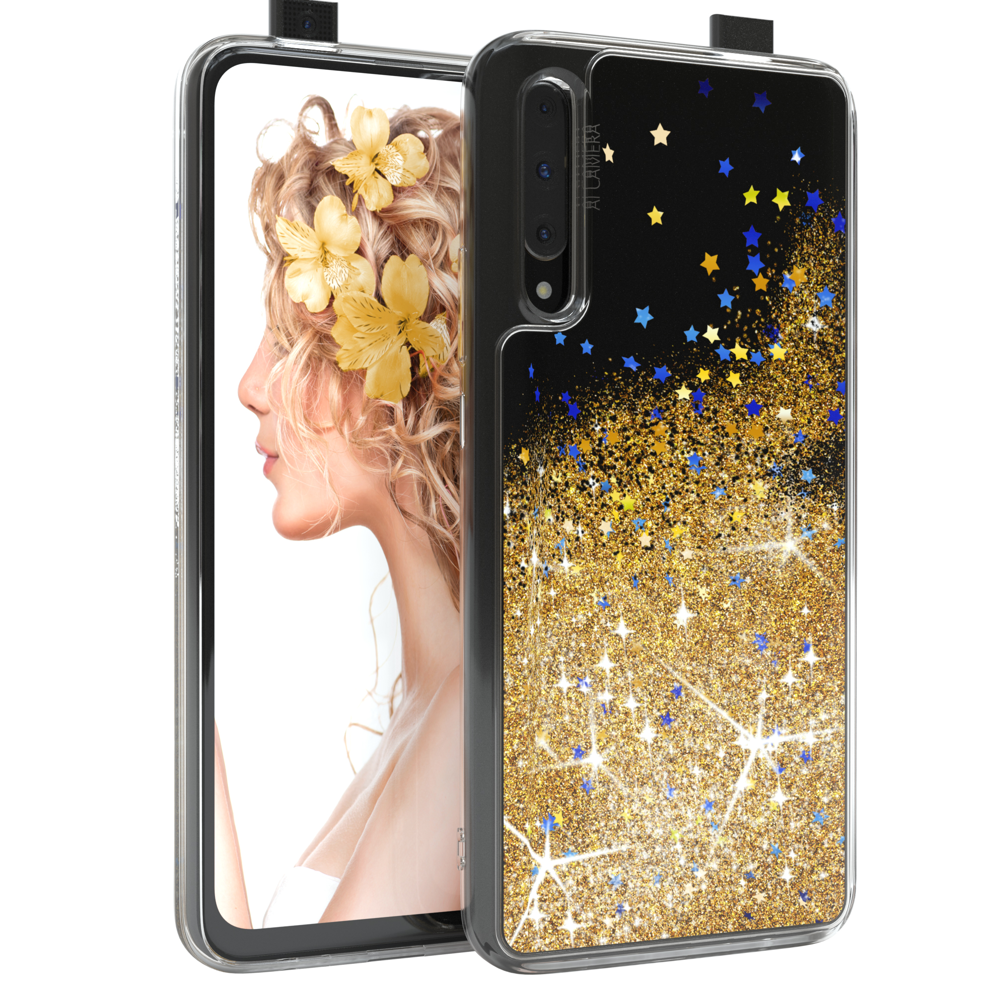 Huawei, Smart CASE Glitzerhülle Backcover, Gold / Flüssig, EAZY P Y9s Pro, (2019) Pro 9X Honor /