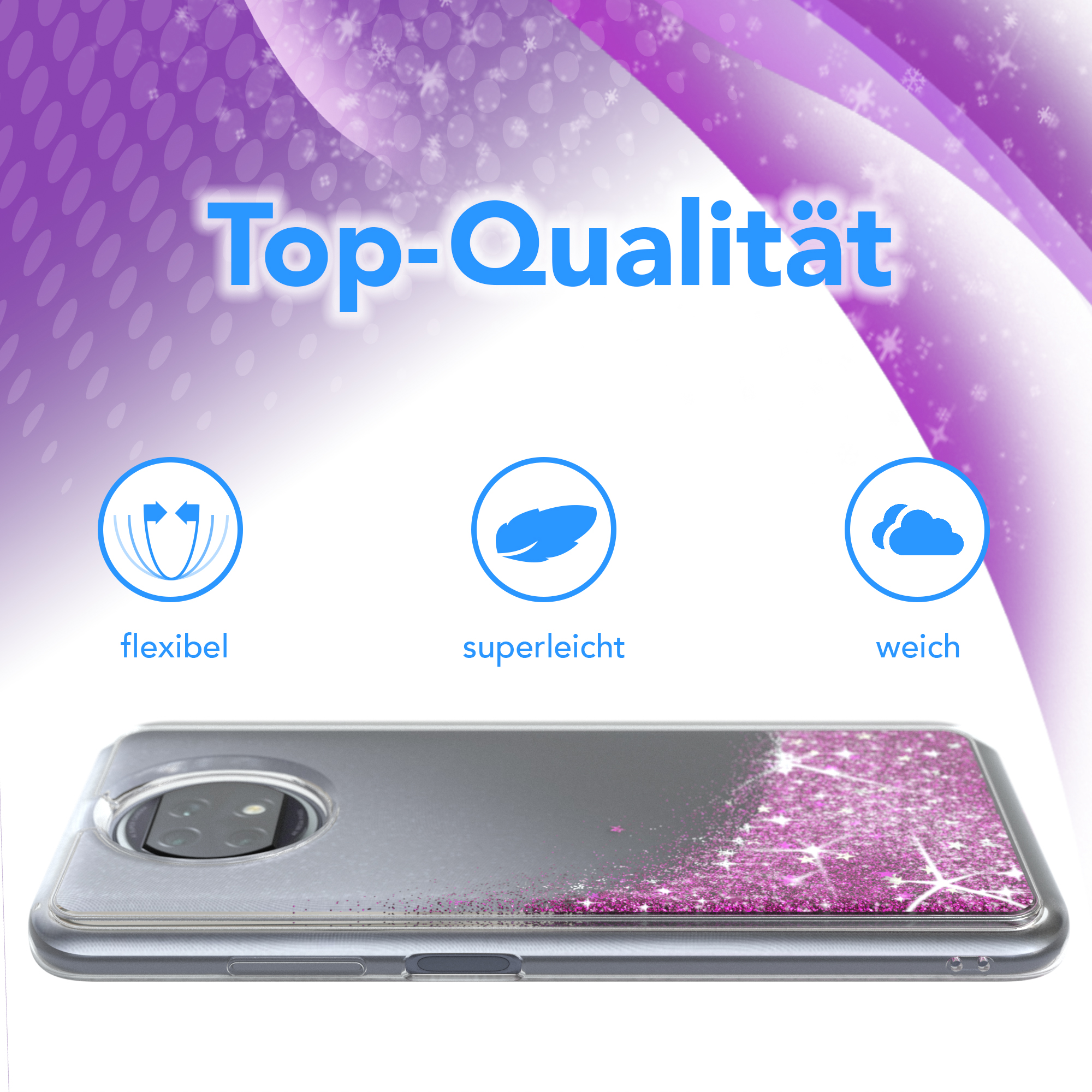 Handyhülle mit blauem Glitzereffekt. Text: Top-Qualität, flexibel, superleicht.