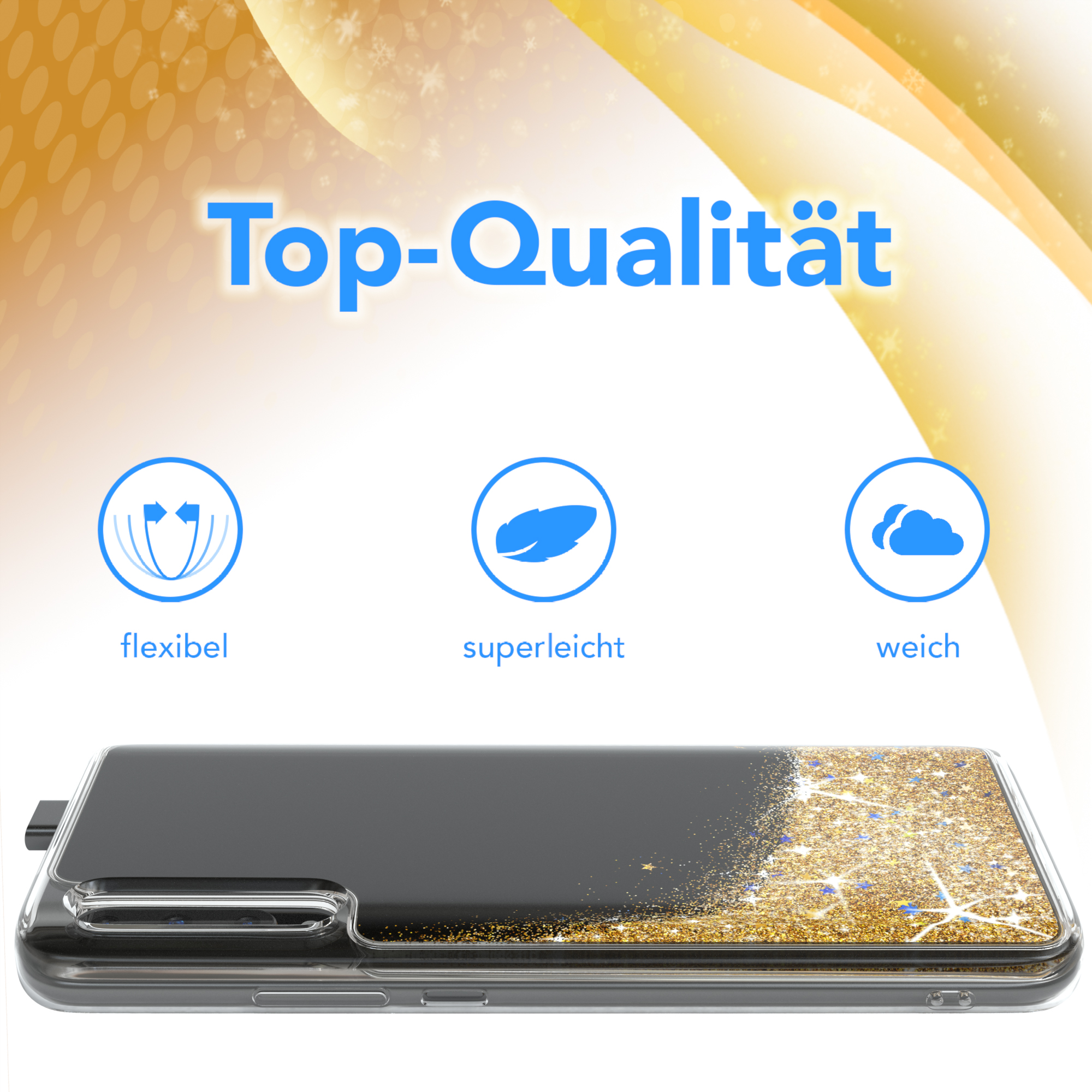 Schwarze Handyhülle mit goldenem Glitzer und Design. Text: 'Top-Qualität'.