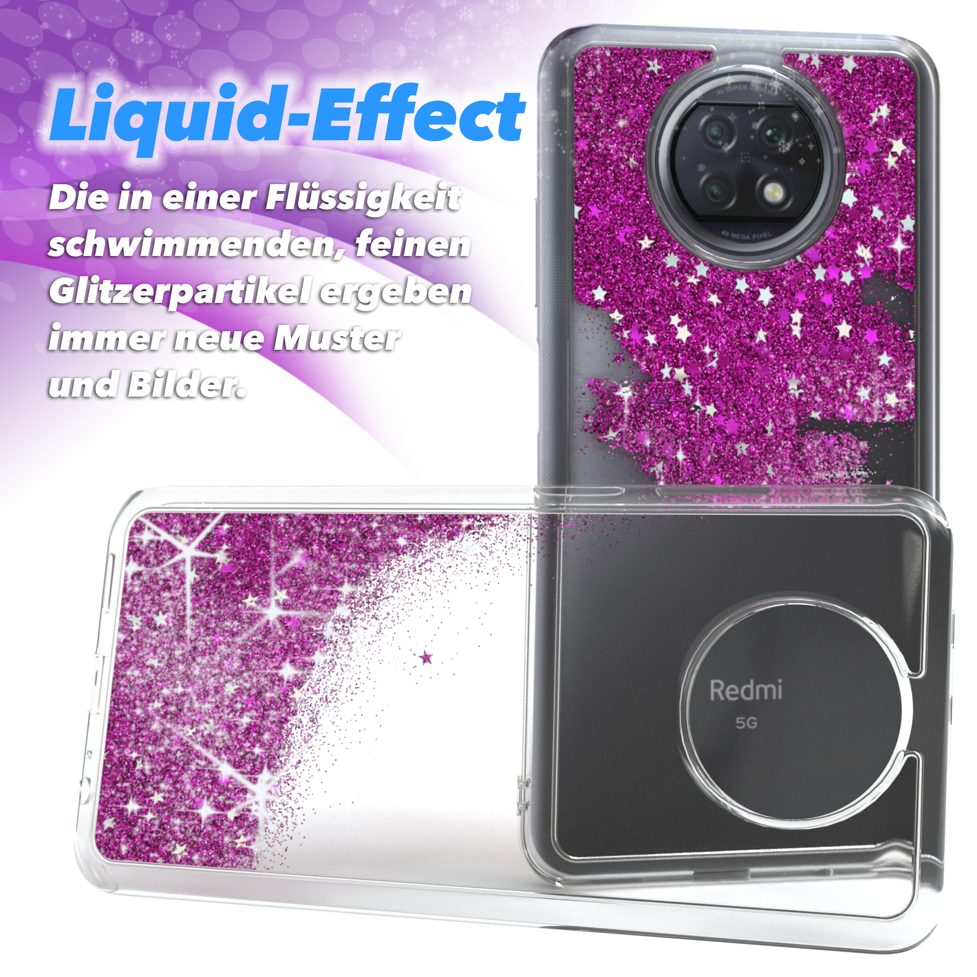 Rosa Glitzer-Handyhülle. Liquid-Effect-Text. Transparent, mit rosa Glitzer und weißen Sternen.