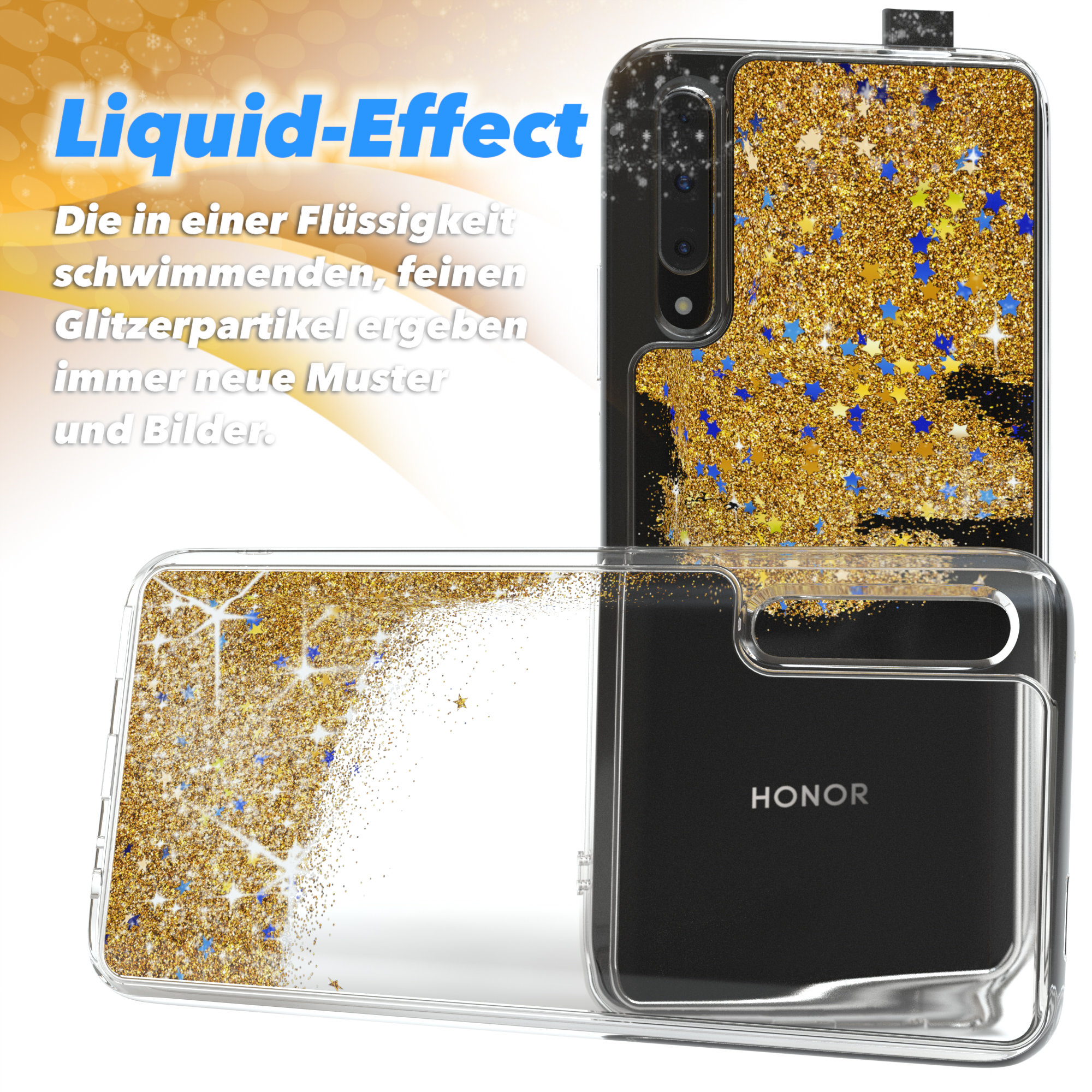 Liquid-Effect Handyhülle mit goldenem Glitzer und Sternen. Text: Liquid-Effect. Honor Handyhülle.