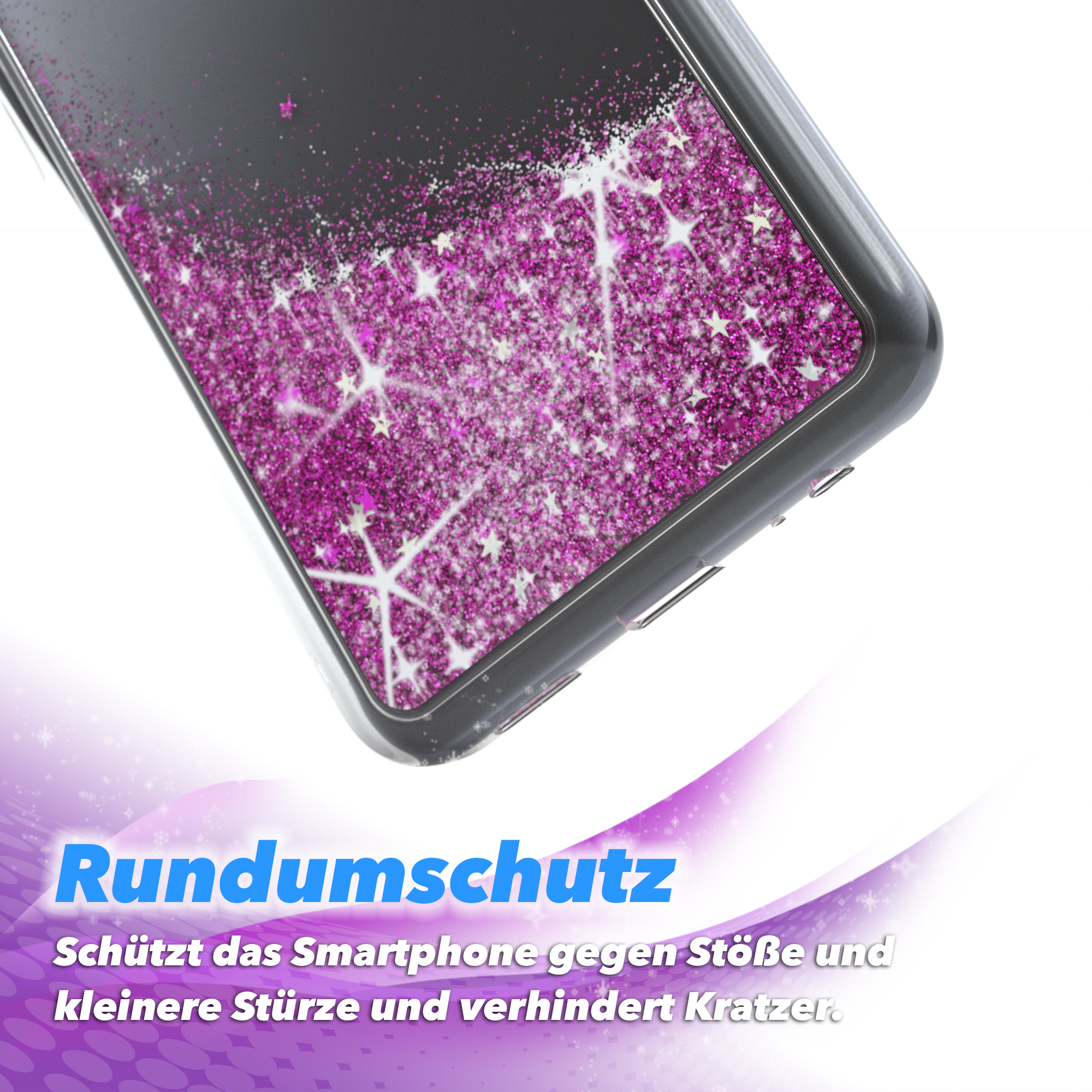 Nahaufnahme einer Handyhülle mit rosa Glitzer und Sternen. Text: Rundumschutz (Rundumschutz).