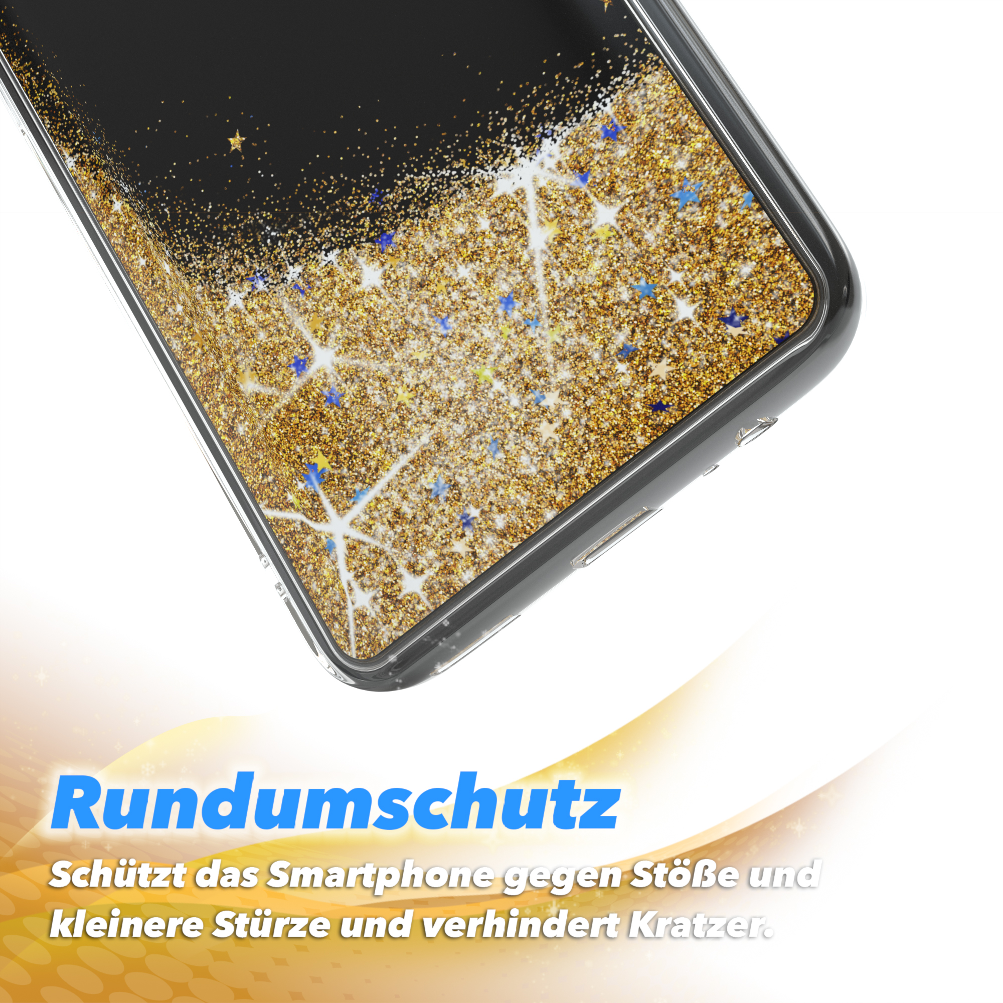 Eine Handyhülle mit Flüssigkeitseffekt-Glitzer-Design mit einem Telefon darin, Nahaufnahme.