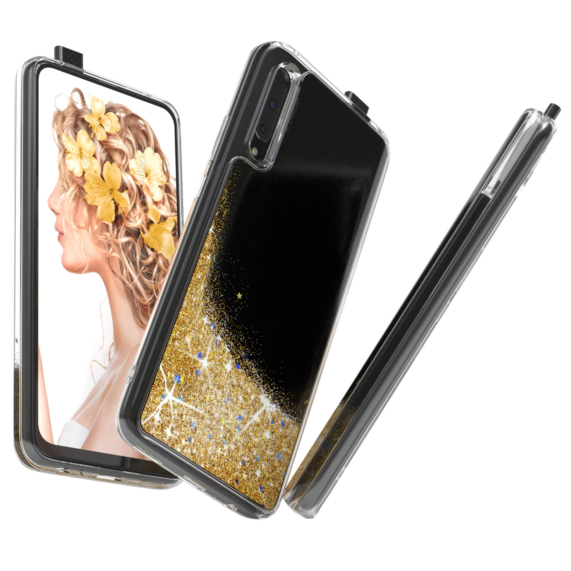 Transparente Handyhülle mit schwarzem Glitzerdesign. Links ist ein Handy mit einer Frau abgebildet.