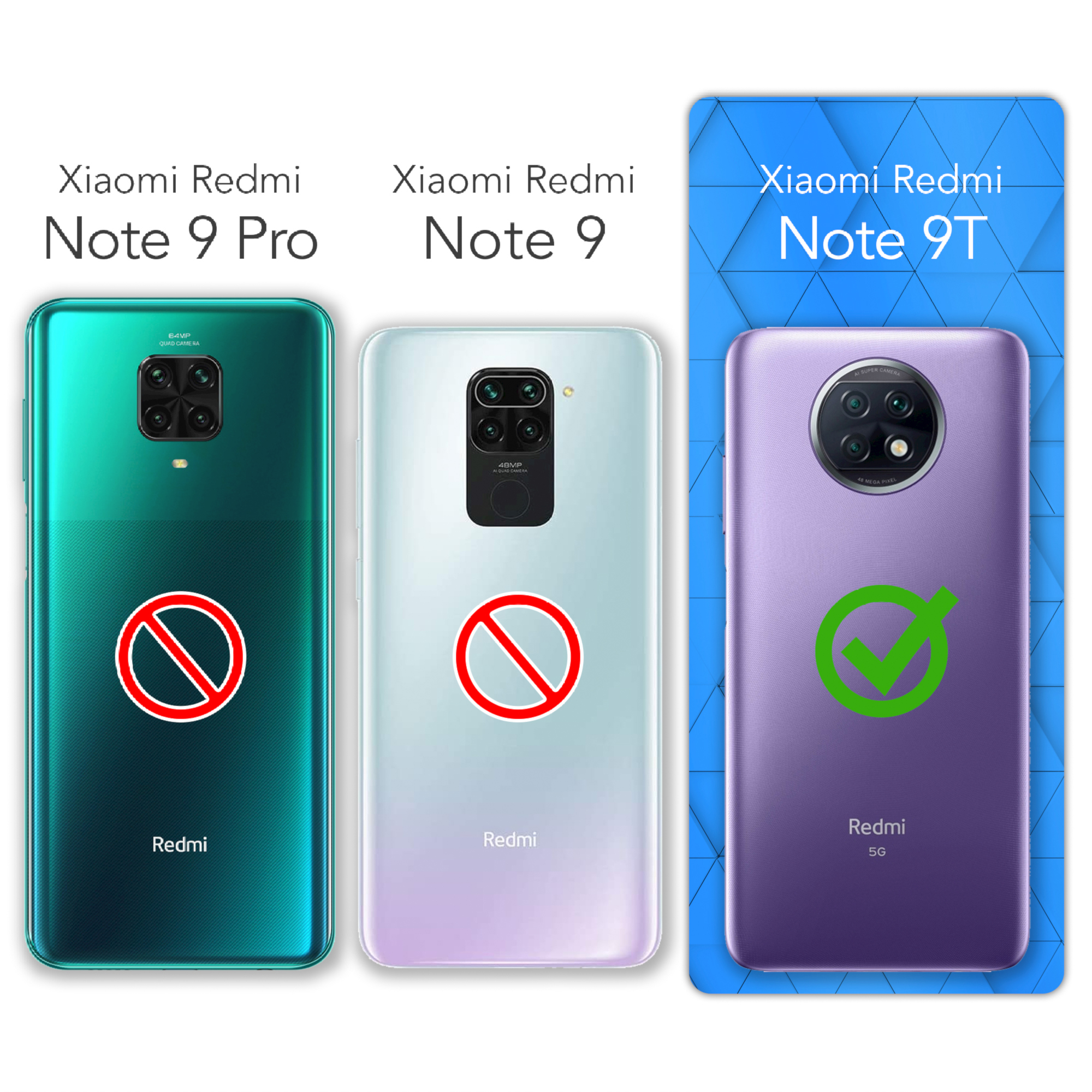 Drei Xiaomi Redmi-Telefone: Note 9 Pro mit nein, Note 9 mit nein und Note 9T mit einem grünen Häkchen.