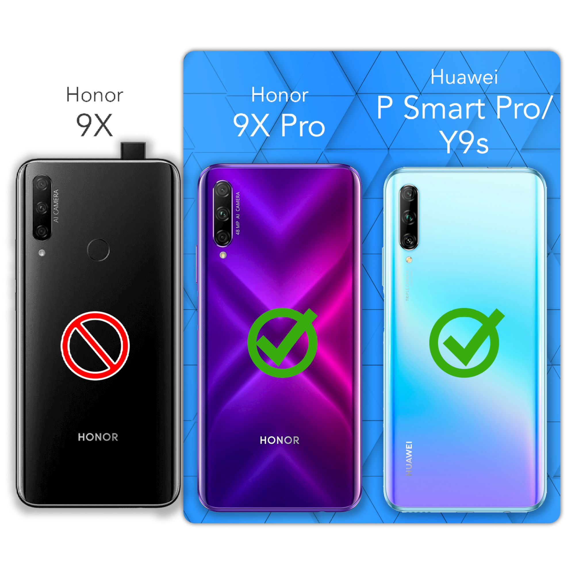 Drei Smartphones: schwarzes Honor 9X (ohne Haken), violettes Honor 9X Pro (mit Haken), hellblaues Huawei.