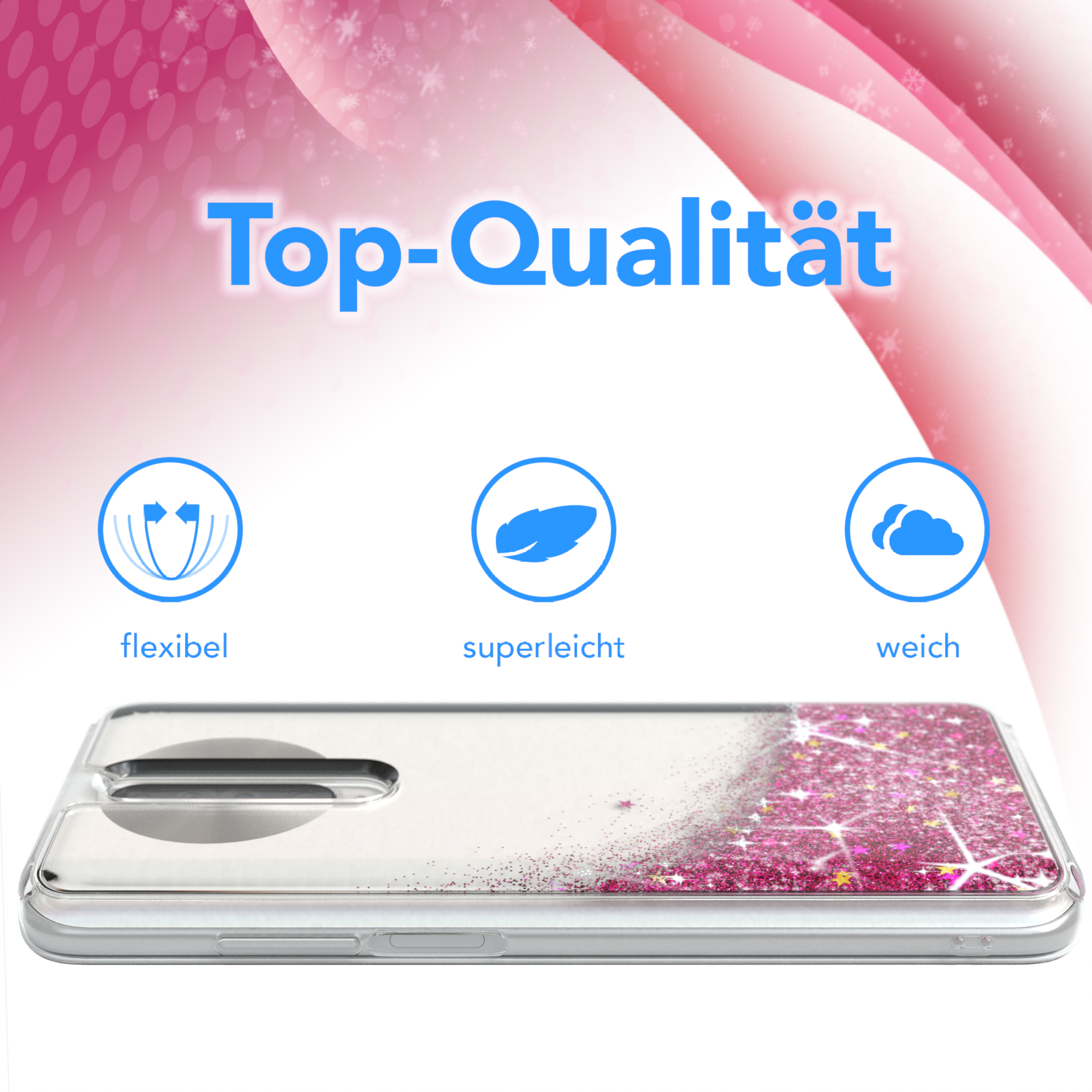 Handyhülle mit Glitzerdesign, rosa und transparent. Text: Top-Qualität.