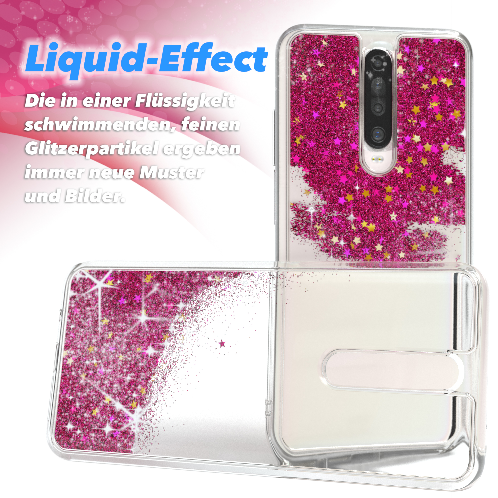 Eine Handyhülle mit rosa Glitzer, Sternen und Flüssigkeitseffekt, mit einer klaren Marke.