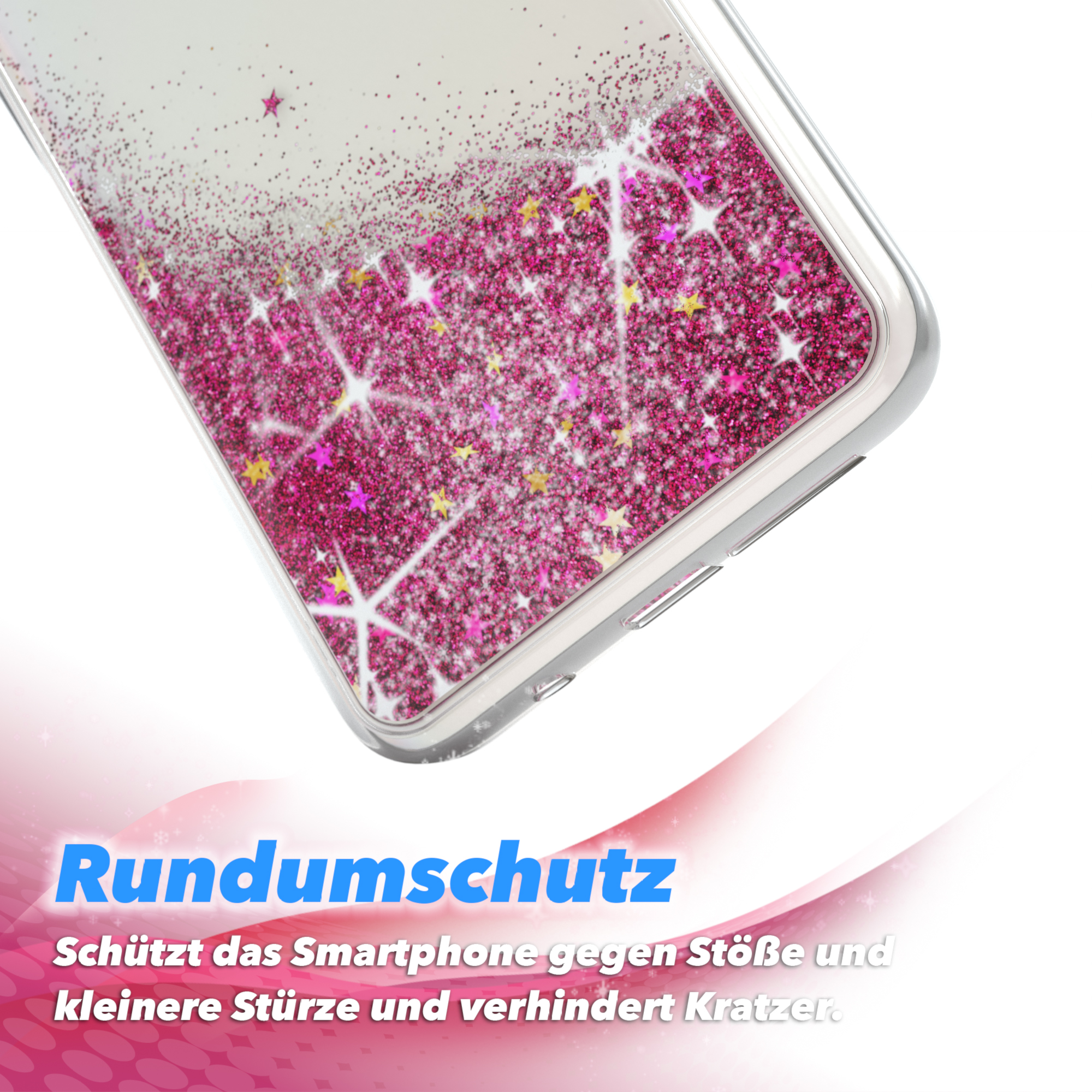 Handyhülle mit Glitzerdetail. Text: Rundumschutz.