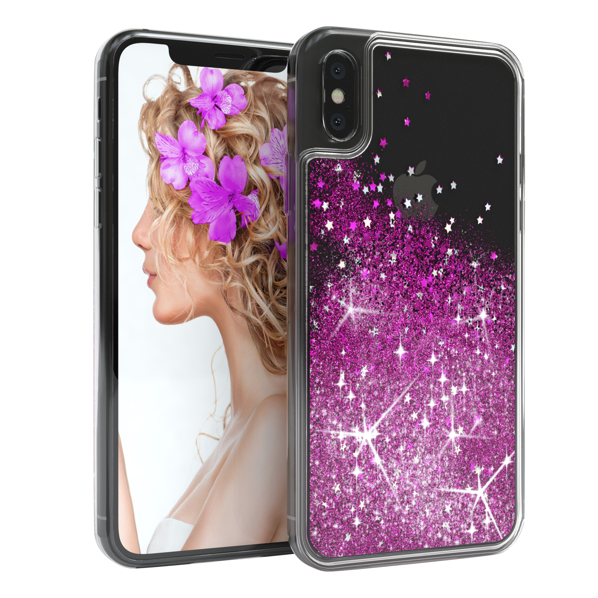 Handyhülle mit Profil einer Frau auf dem Bildschirm und lila Glitzerdesign.