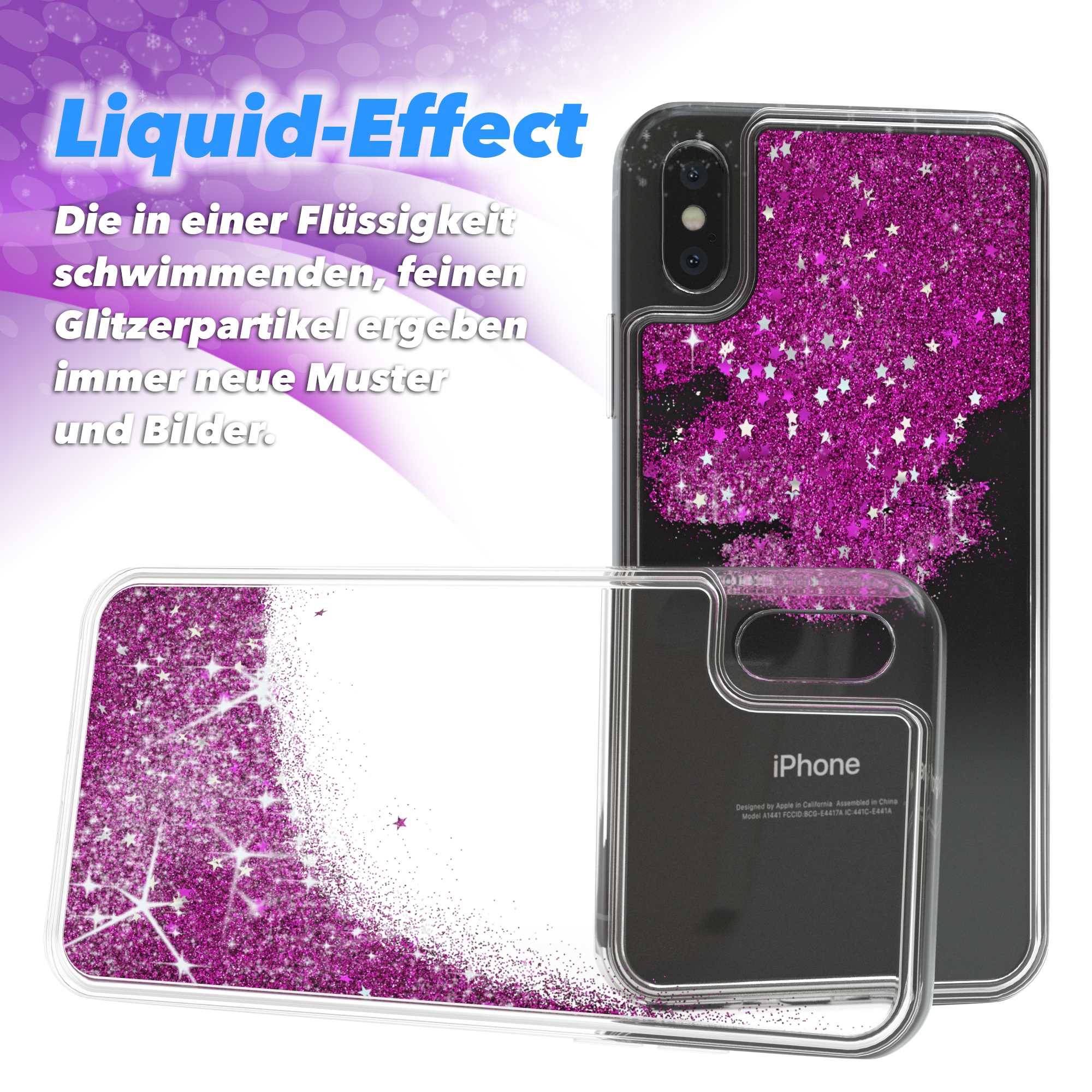 Transparente Handyhülle mit rosa Glitzer und Sternen. Ein iPhone ist in der Hülle sichtbar.
