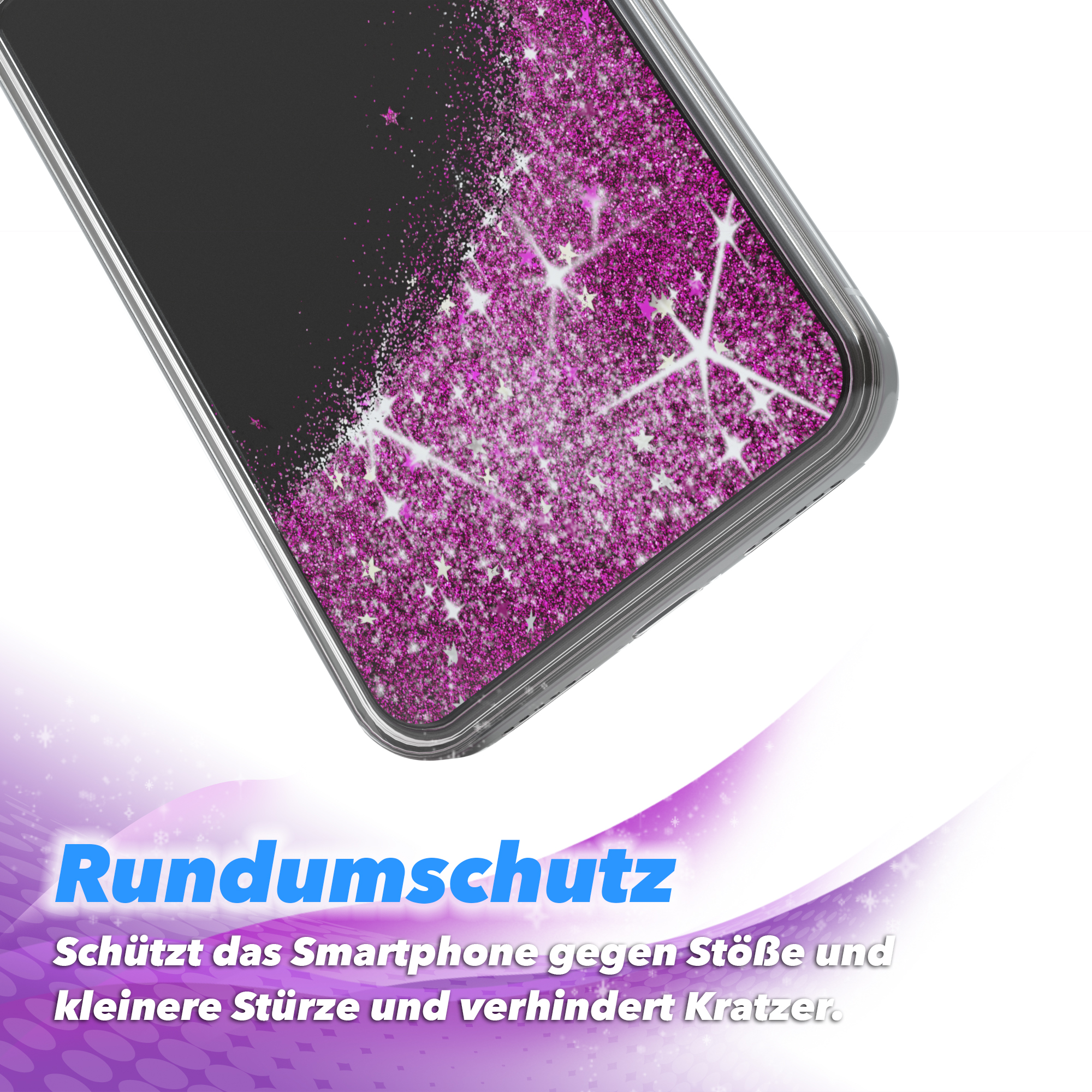 Handyhülle mit Glitzer. Funkelnder rosa Glitzer auf schwarzem Hintergrund mit weißen Sternen.