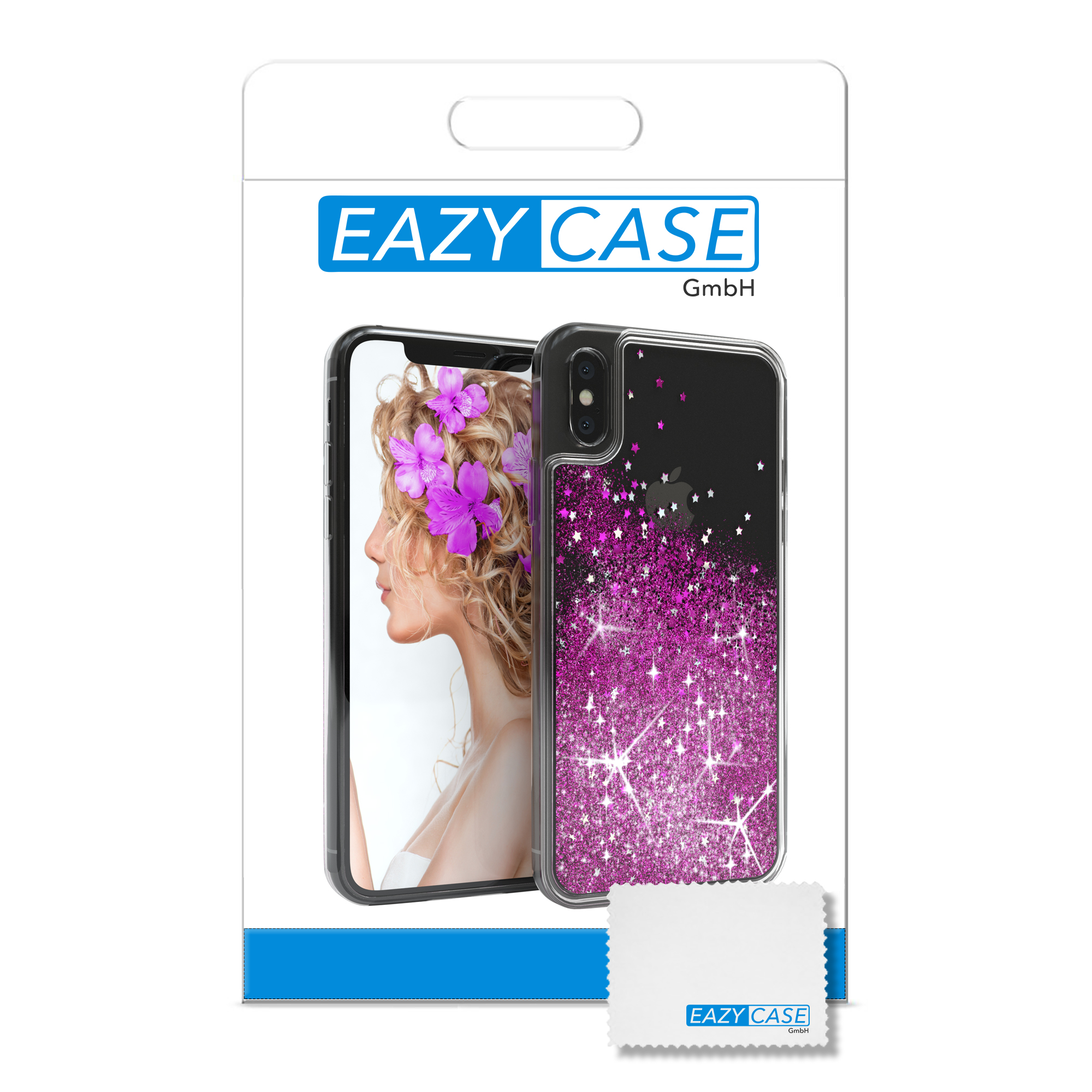 Eazy Case Produktverpackung mit Abbildung einer Handyhülle und einer Frau mit Blumen.