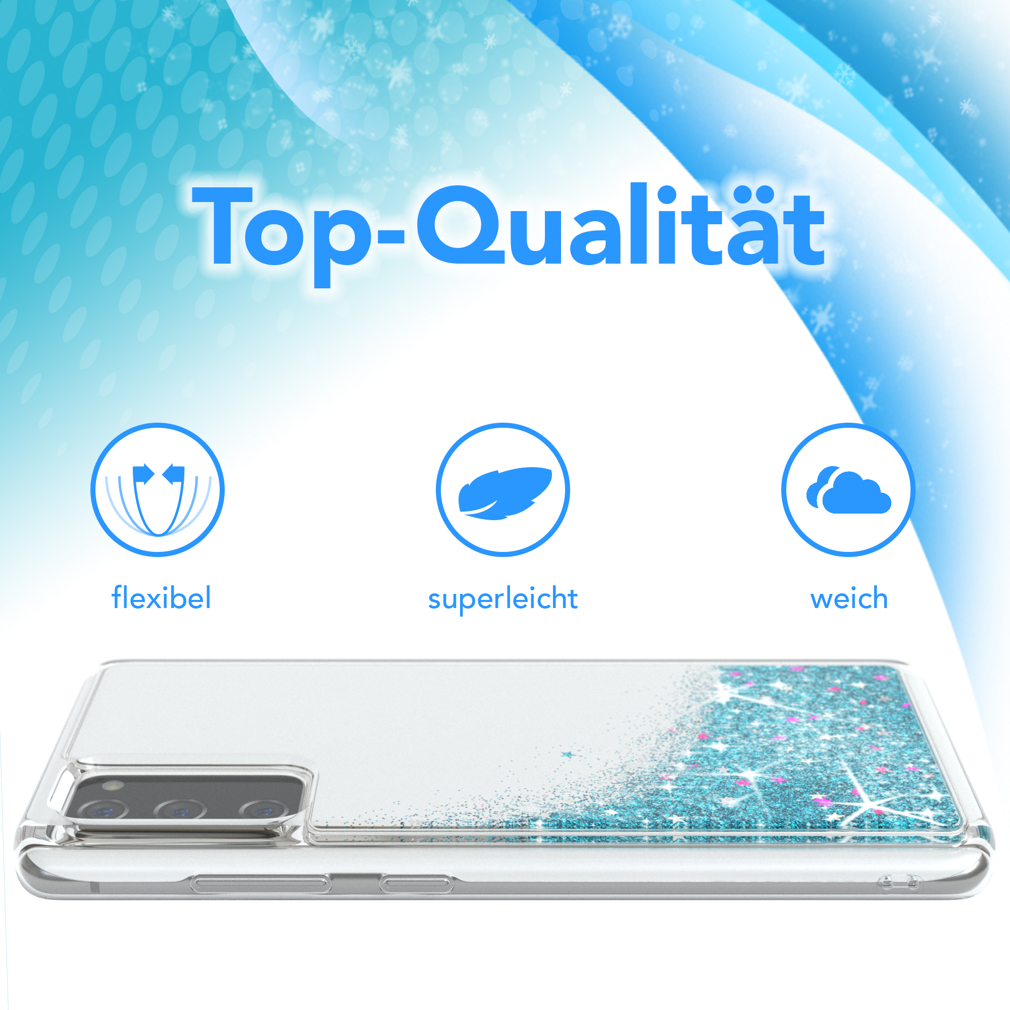 Telefon in transparenter Hülle mit blauem Glitzer. Text Top-Qualität und Icons.