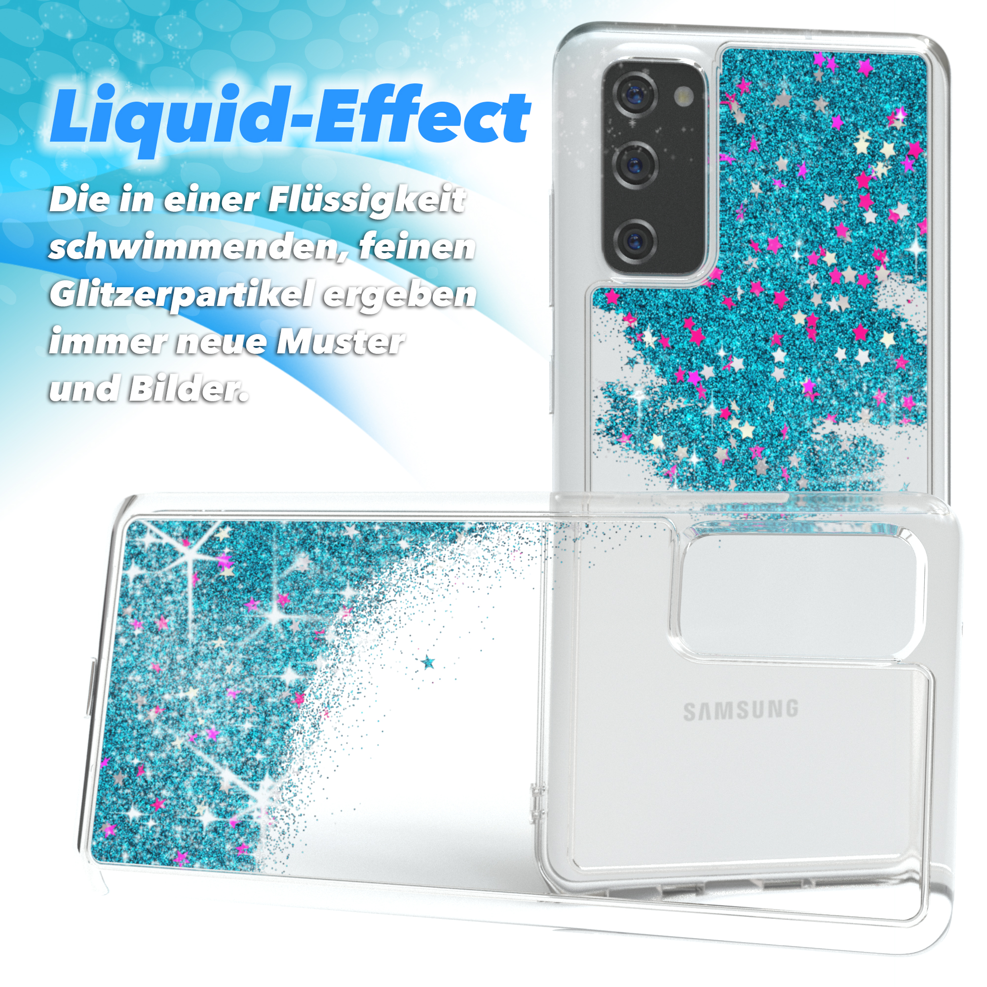 Blaue Glitzer-Handyhülle. Liquid-Effect-Text. Transparent, mit blauen und pinken Sternen.
