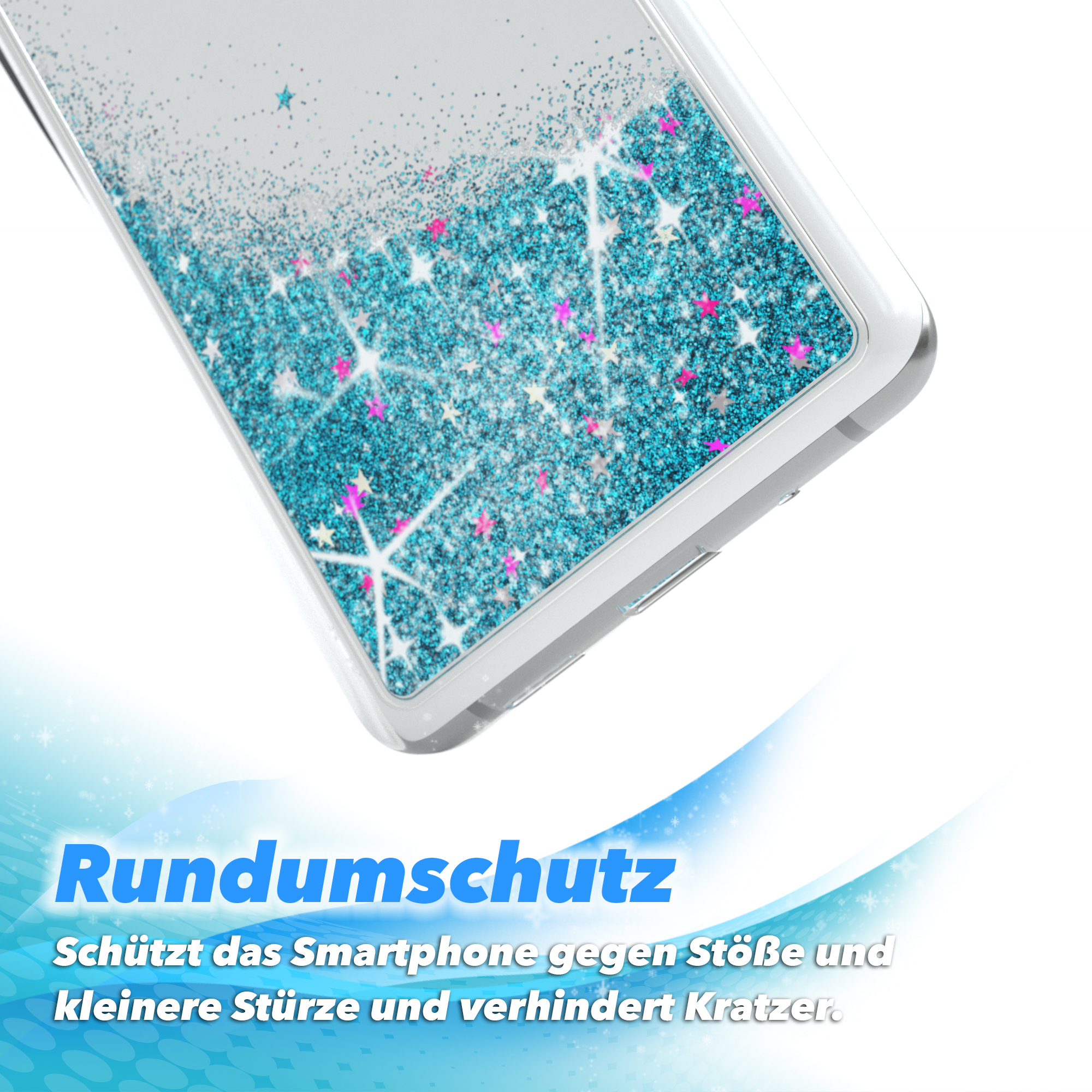 Eine Handyhülle mit blauem Glitzer auf der Rückseite, auf weißem Hintergrund.