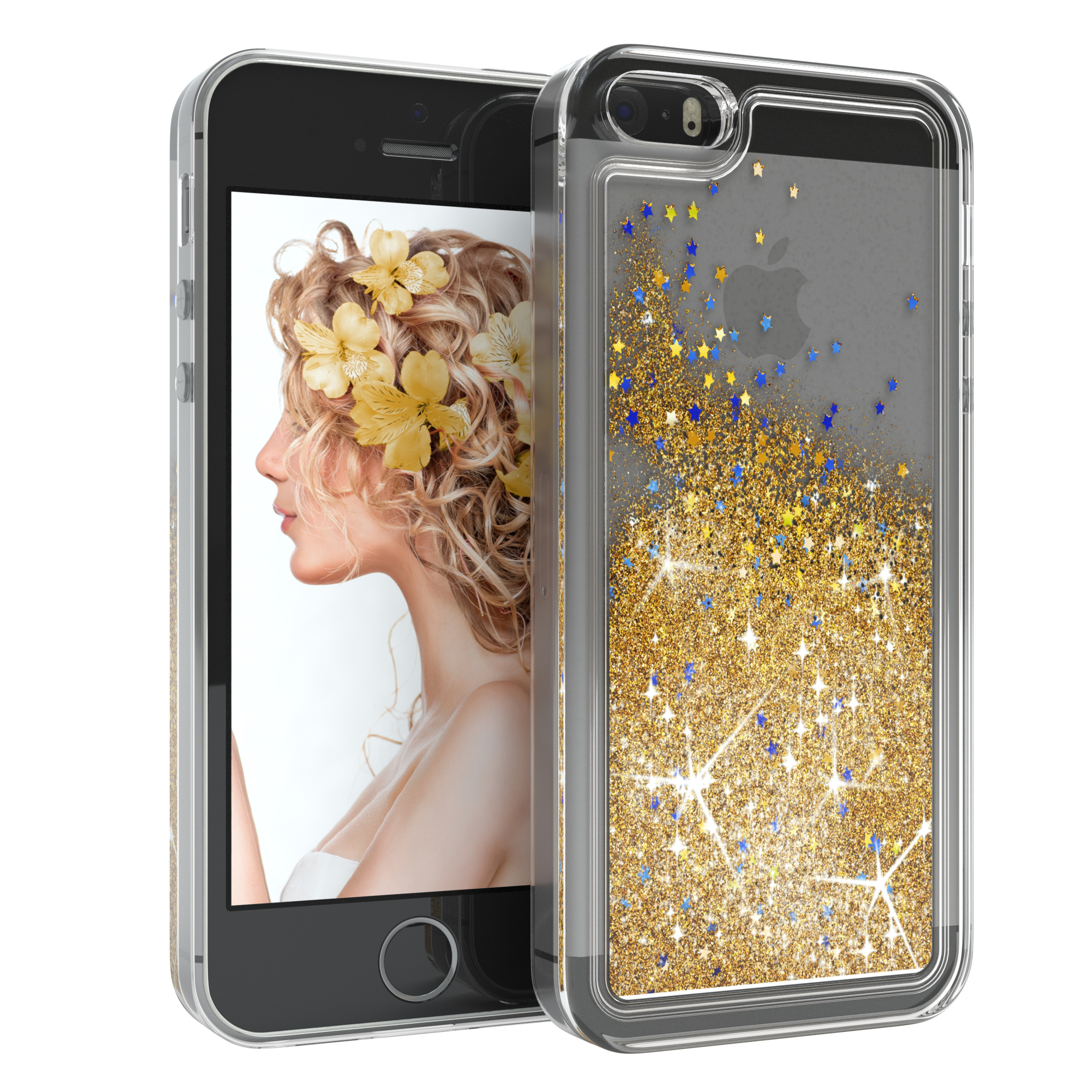 Handyhülle mit goldenem Glitzer und Sternen. Telefon zeigt eine Frau mit Blumen im Haar.