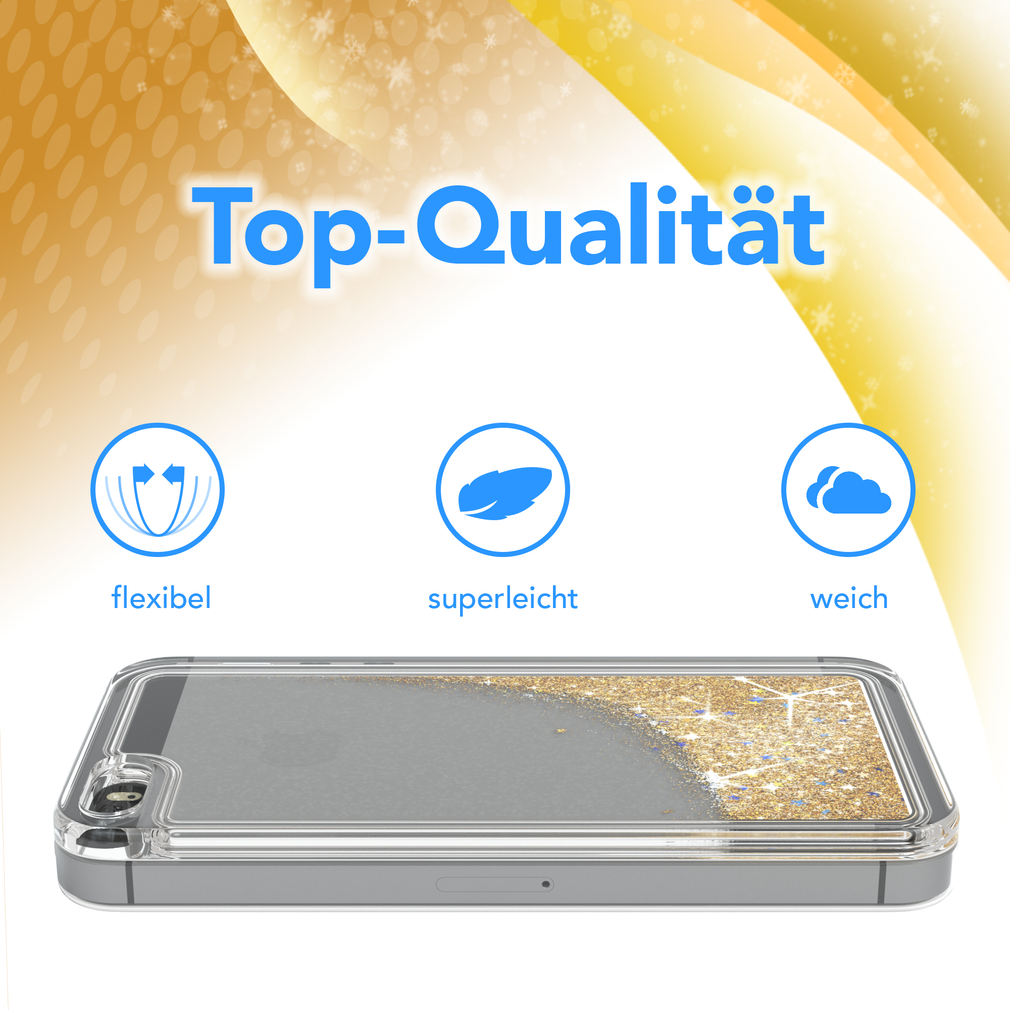 Handyhülle mit goldenem Glitzer und Text „Top-Qualität“, mit Symbolen für flexibel, leicht und weich.