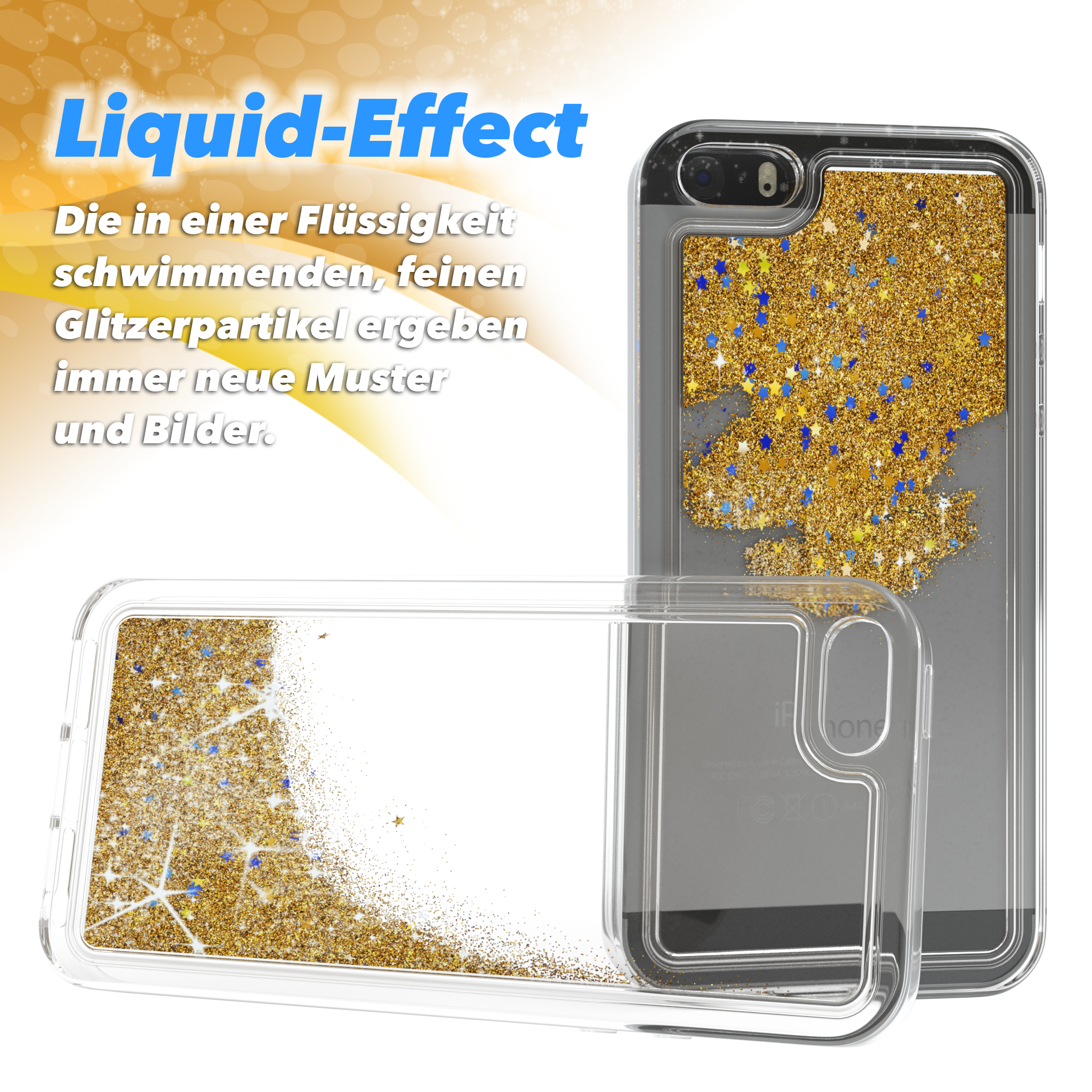 Transparente Handyhülle mit goldenem Glitzer und blauen Sternformen. Hülle auf einem Telefon.