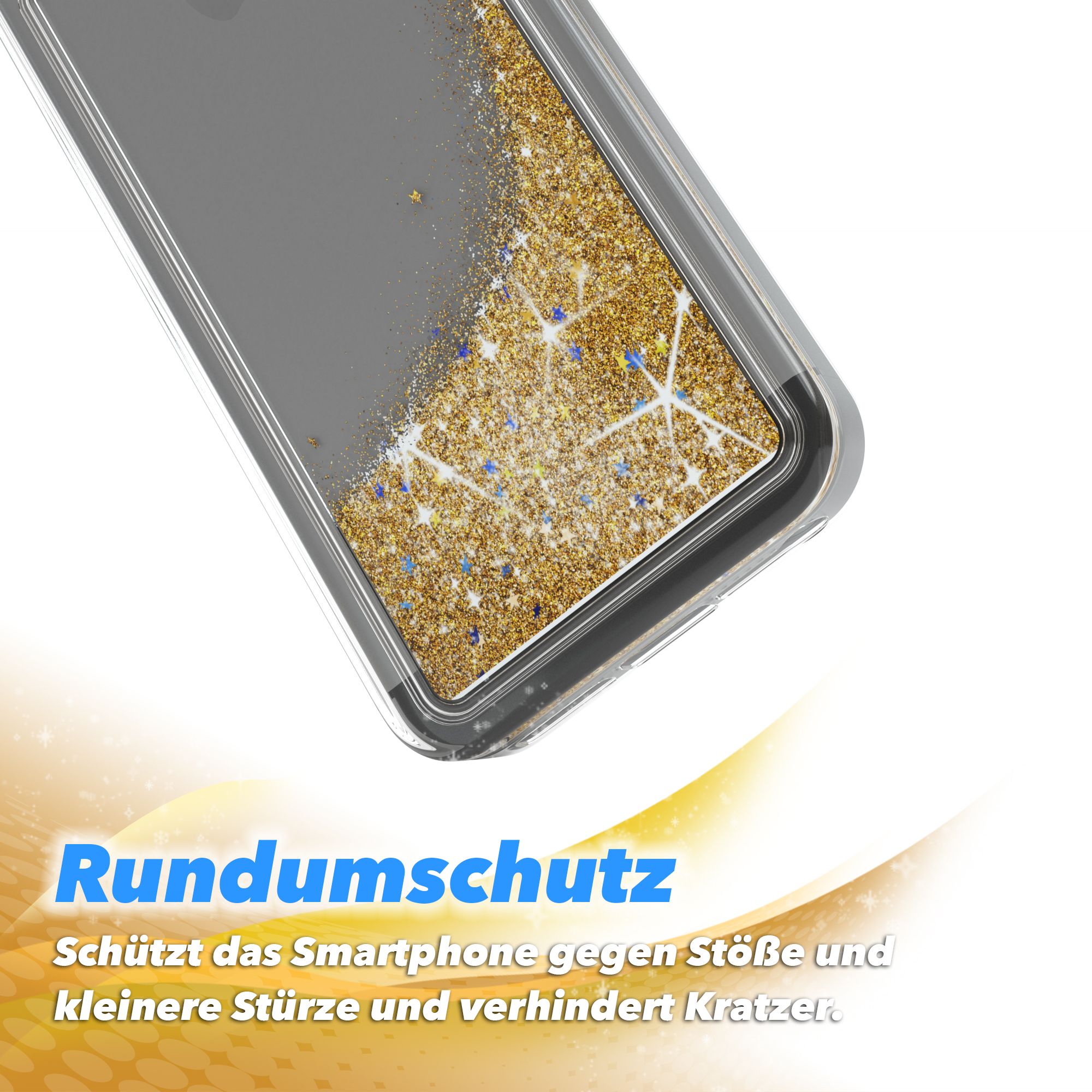 Transparente Handyhülle mit goldfarbenem Glitzer. Text: Rundumschutz, schützt vor Stößen und Kratzern.