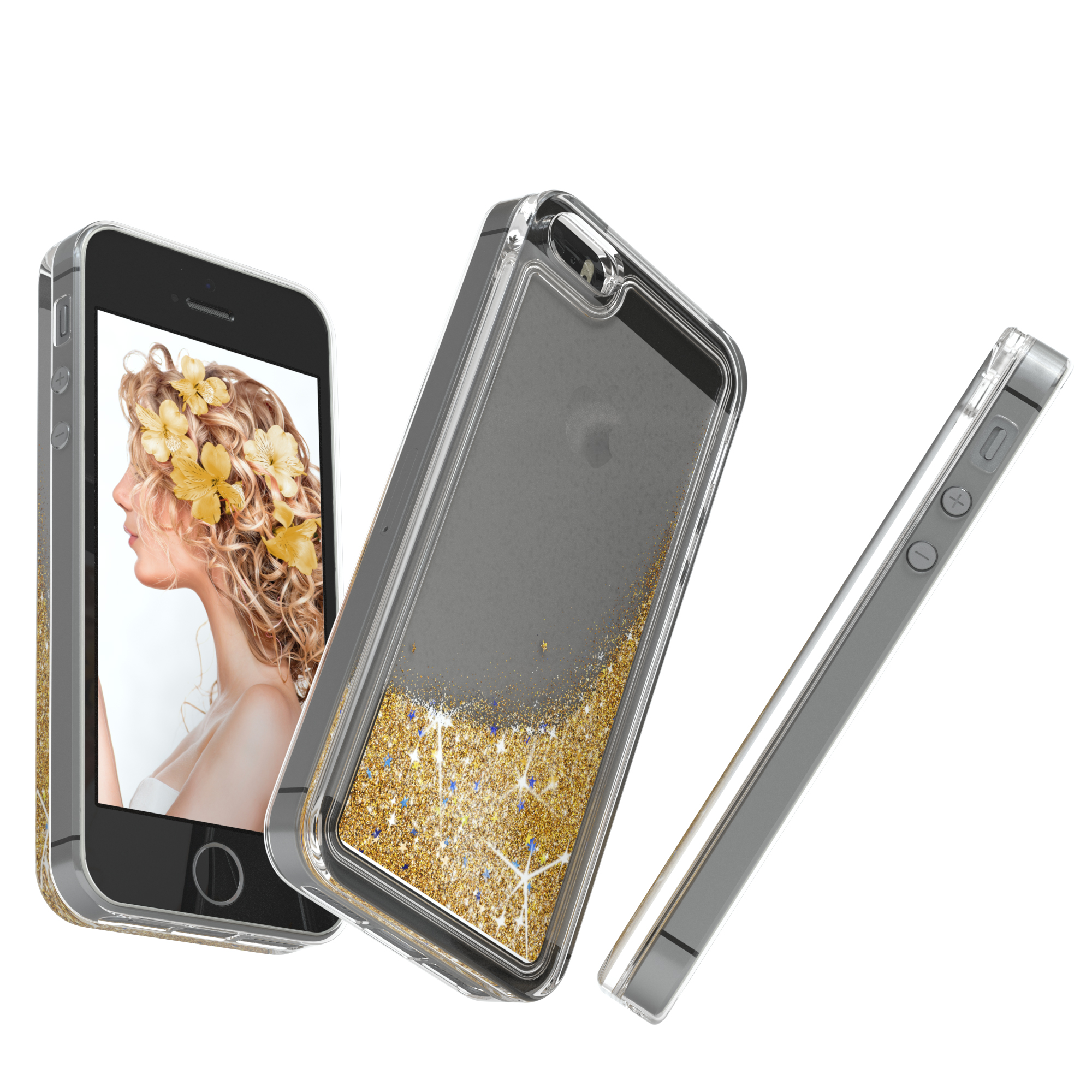 Transparente Handyhülle mit Goldglitter und ein Handy mit einer Frau mit Blumen auf dem Bildschirm.