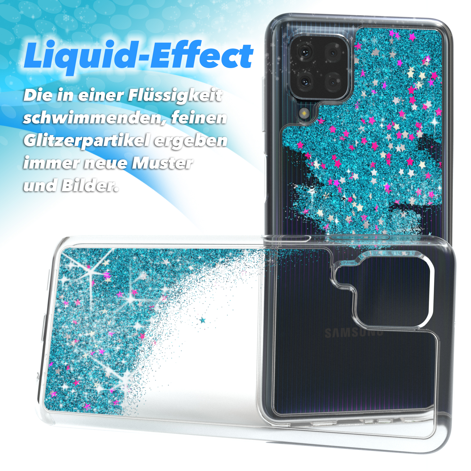 Handyhülle mit Glitzereffekt, schwebenden Sternen und Telefondetails, Marke Samsung.