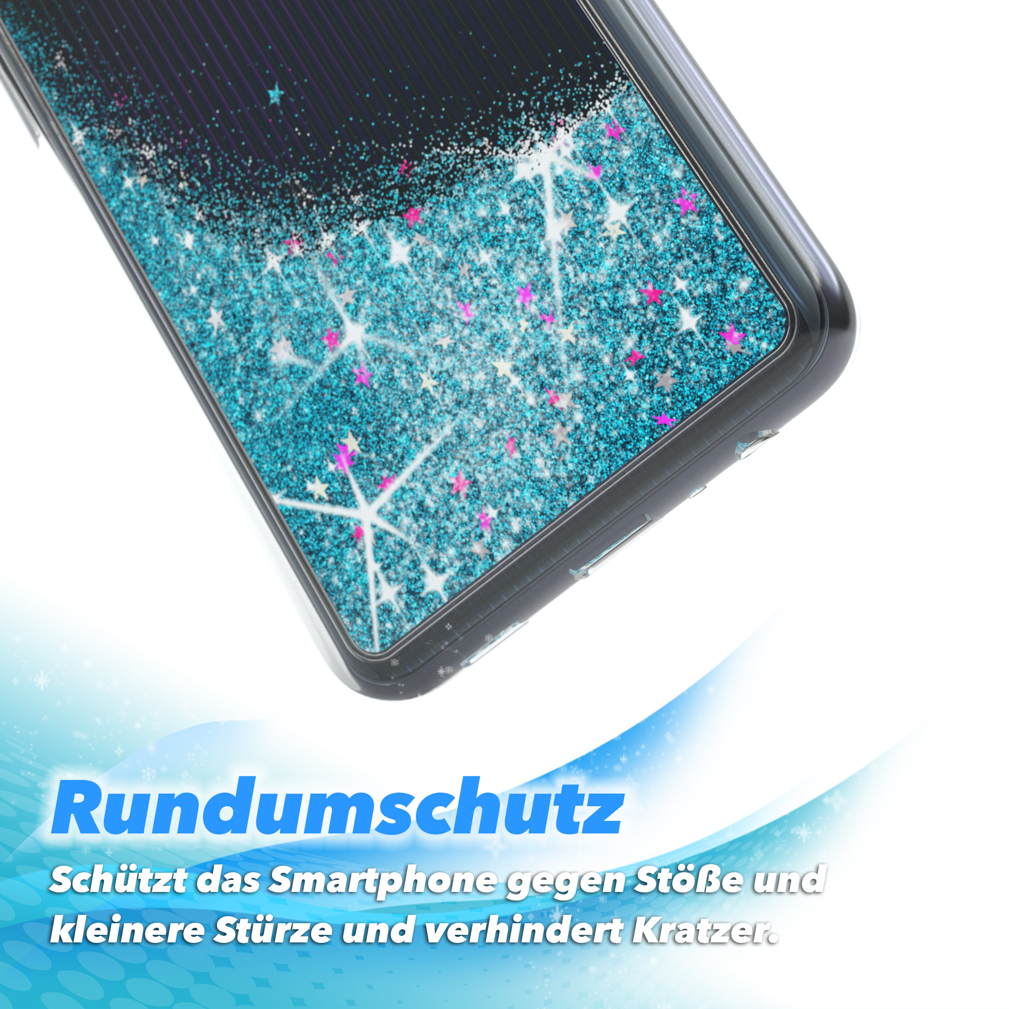 Nahaufnahme einer Handyhülle mit Glitzer und Sternen.