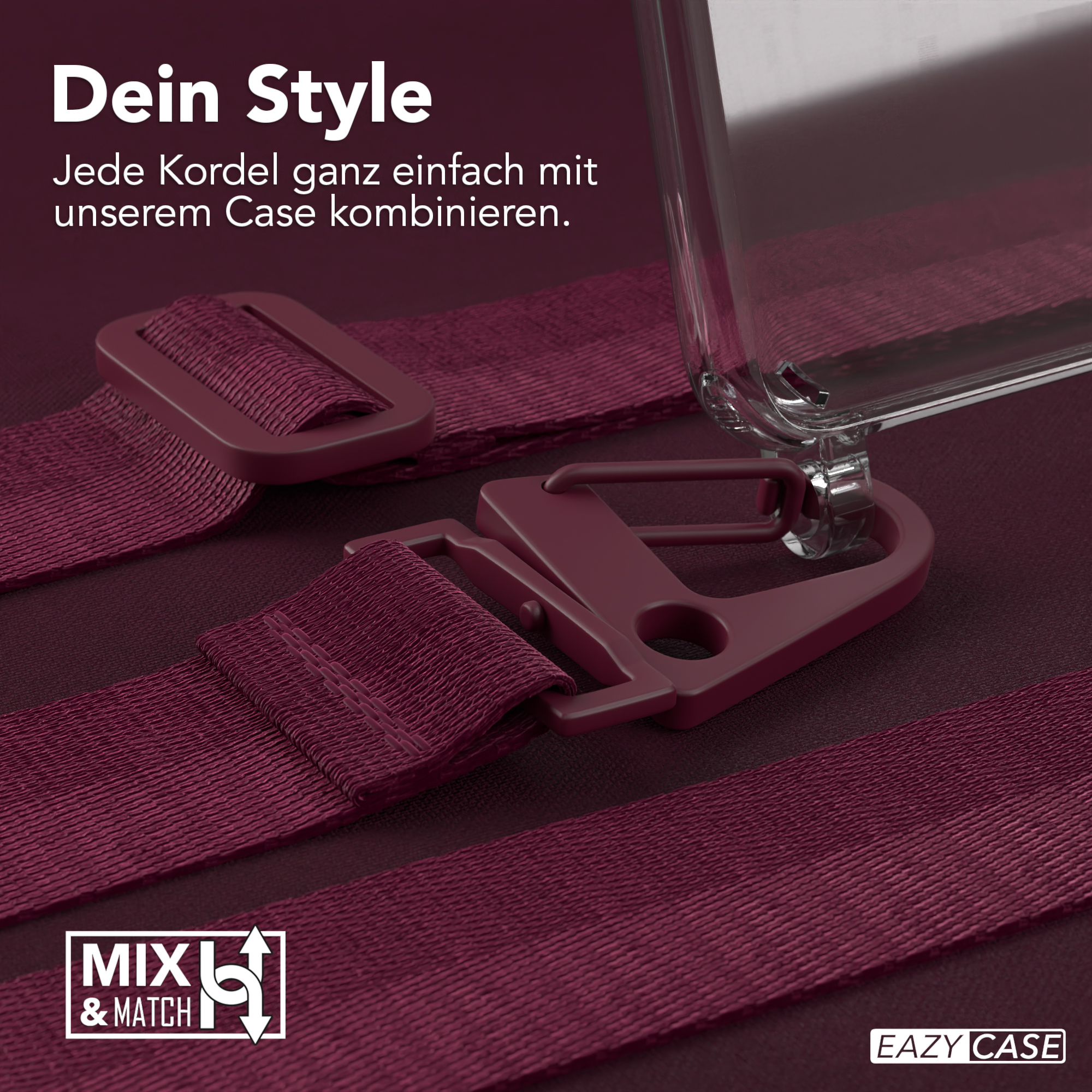 Nahaufnahme einer Handyhülle mit Riemen. Die Hülle ist transparent mit weinroten Riemen.