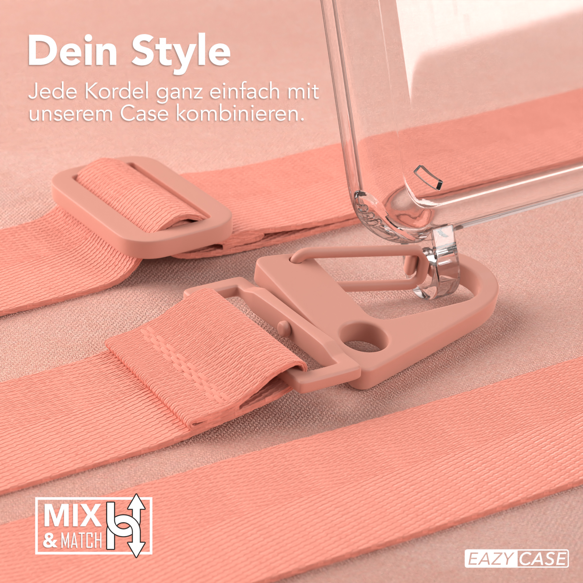 Pinkes Telefoncase mit Riemen und ein transparentes Telefoncase. Produktbild mit Text.