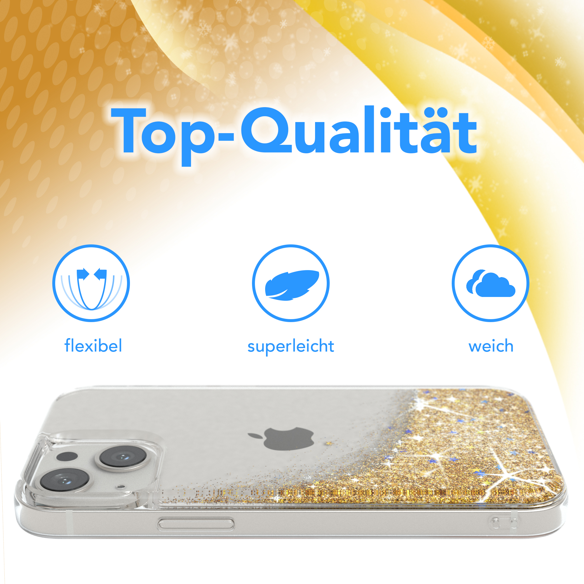 Handyhülle mit goldenem Glitzer. Wörter: Top-Qualität, flexibel, superleicht, weich.