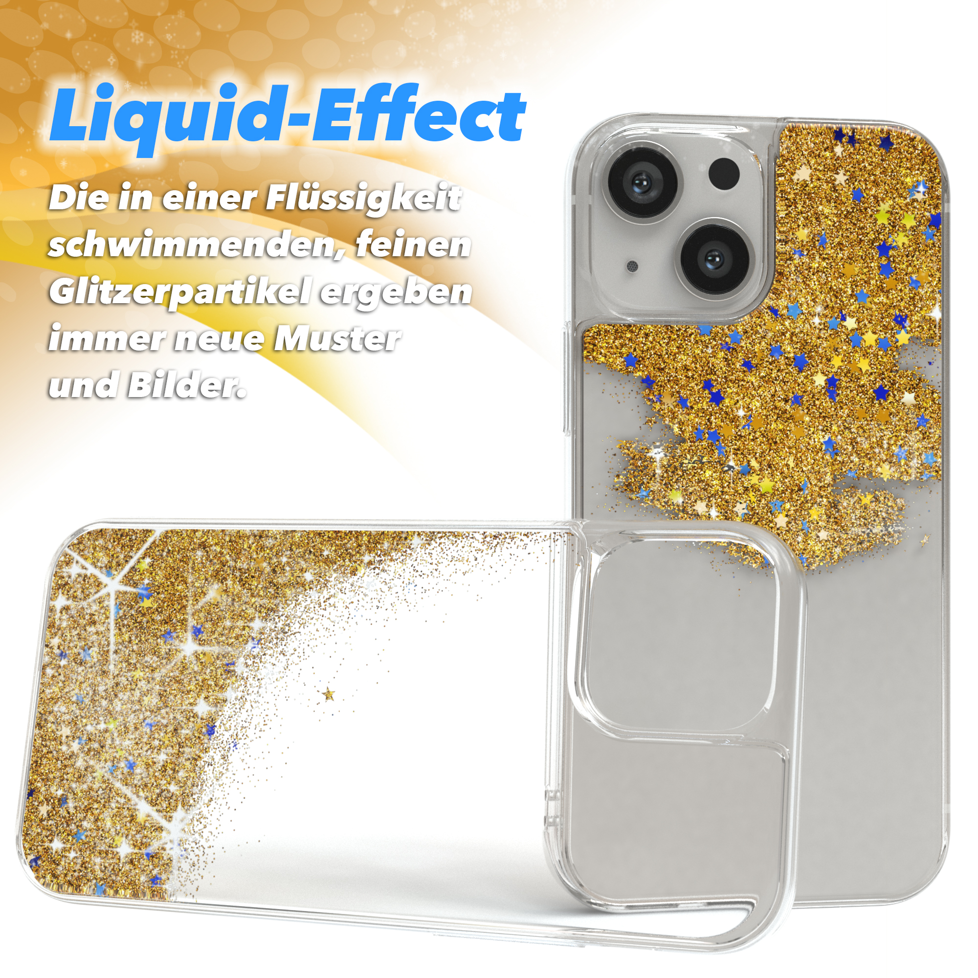 Handyhüllen mit goldenem Glitzer. Text: Liquid-Effect, Glitzerpartikel in einer Flüssigkeit erzeugen Muster.